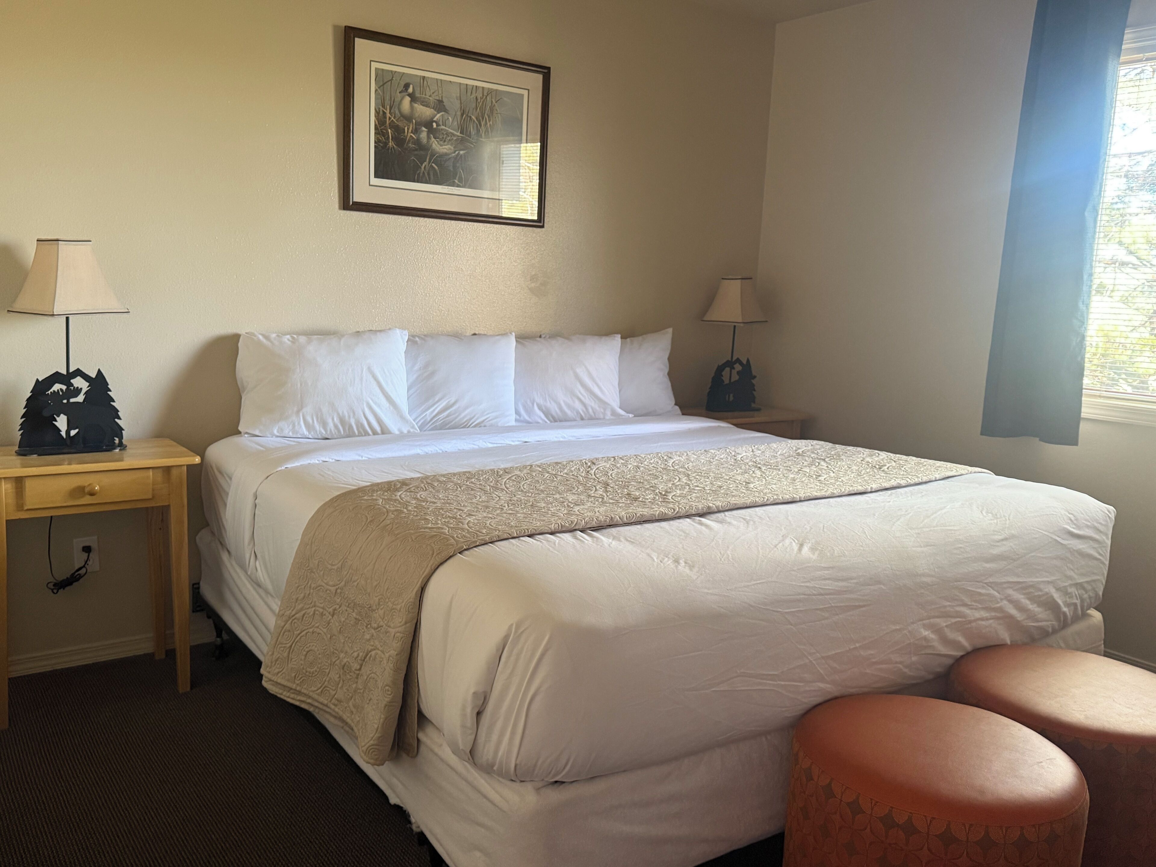 Une chambre d’hôtel avec un grand lit, deux tables de chevet, un tableau encadré au mur et une fenêtre avec des rideaux.