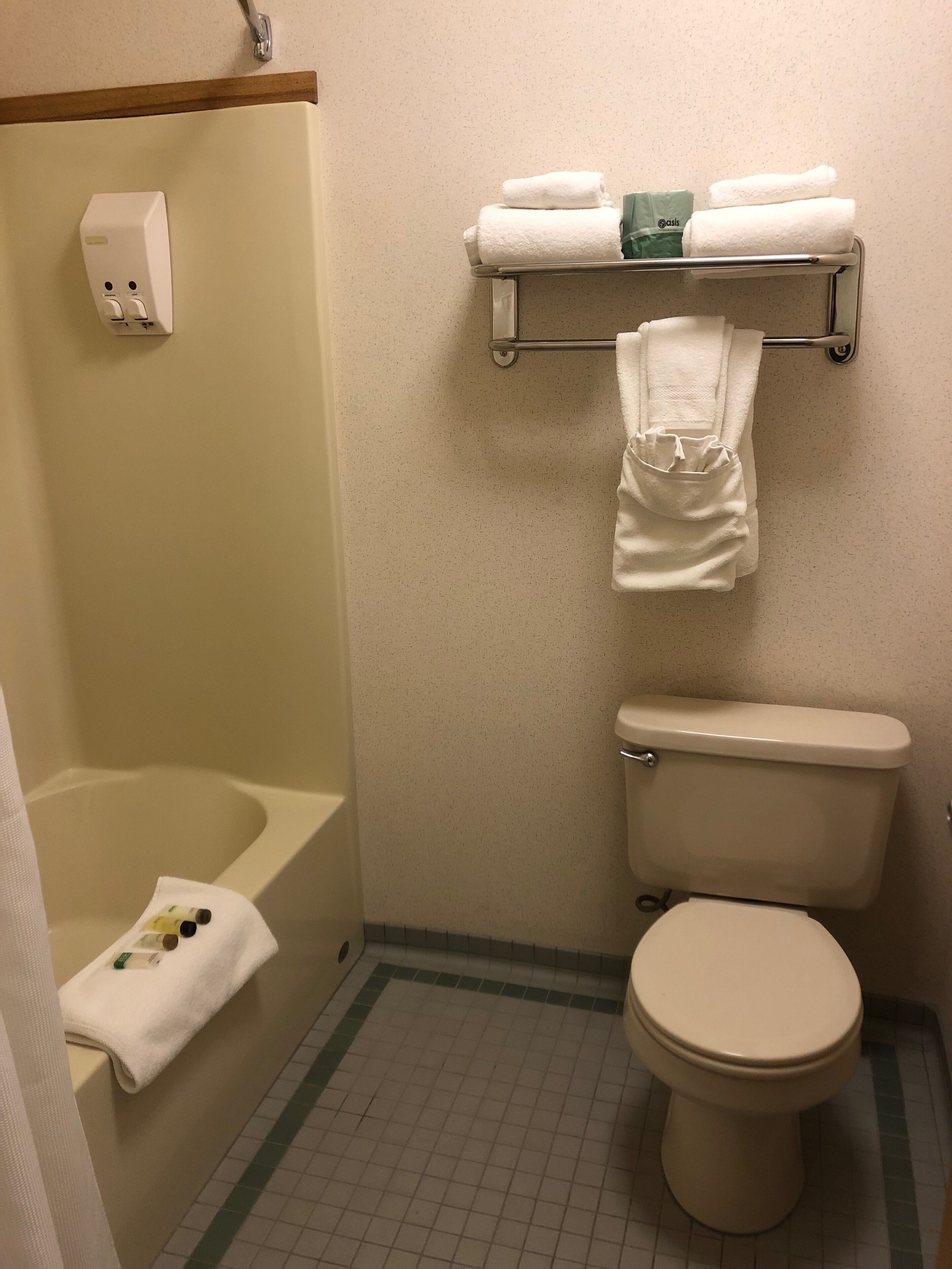 Een bad/douchecombinatie, designer toiletartikelen, een haardroger