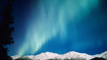A night sky with the Northern Lights over snow-covered mountains.