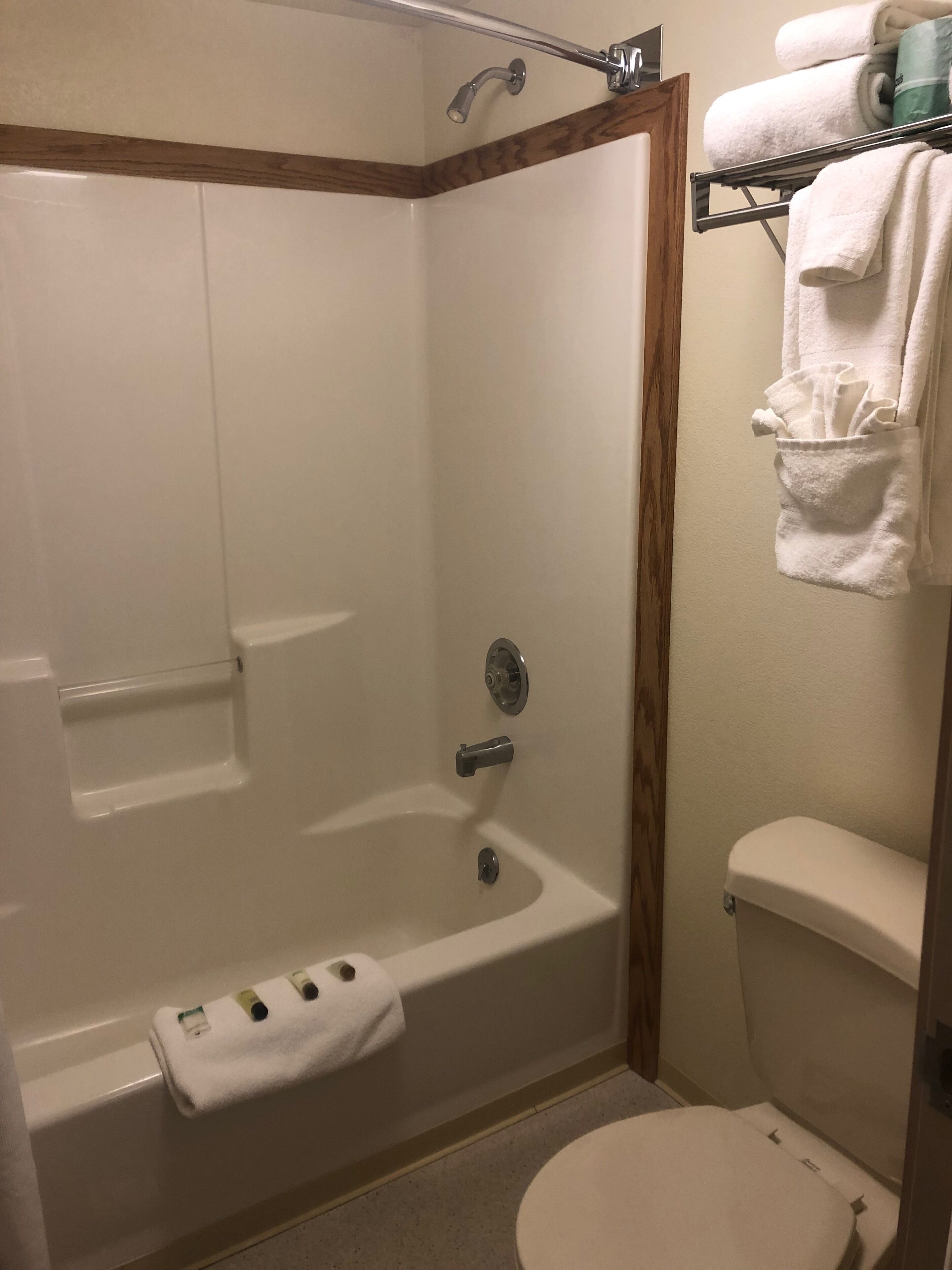 A bathroom with a bathtub, a toilet, and a towel rack.