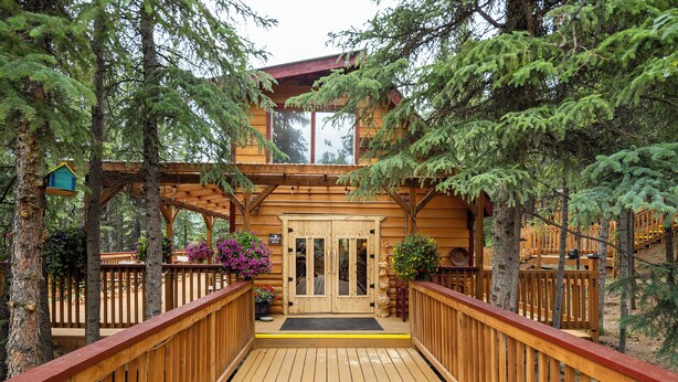 A wooden deck leading to a cabin with a large door and windows, surrounded by trees.