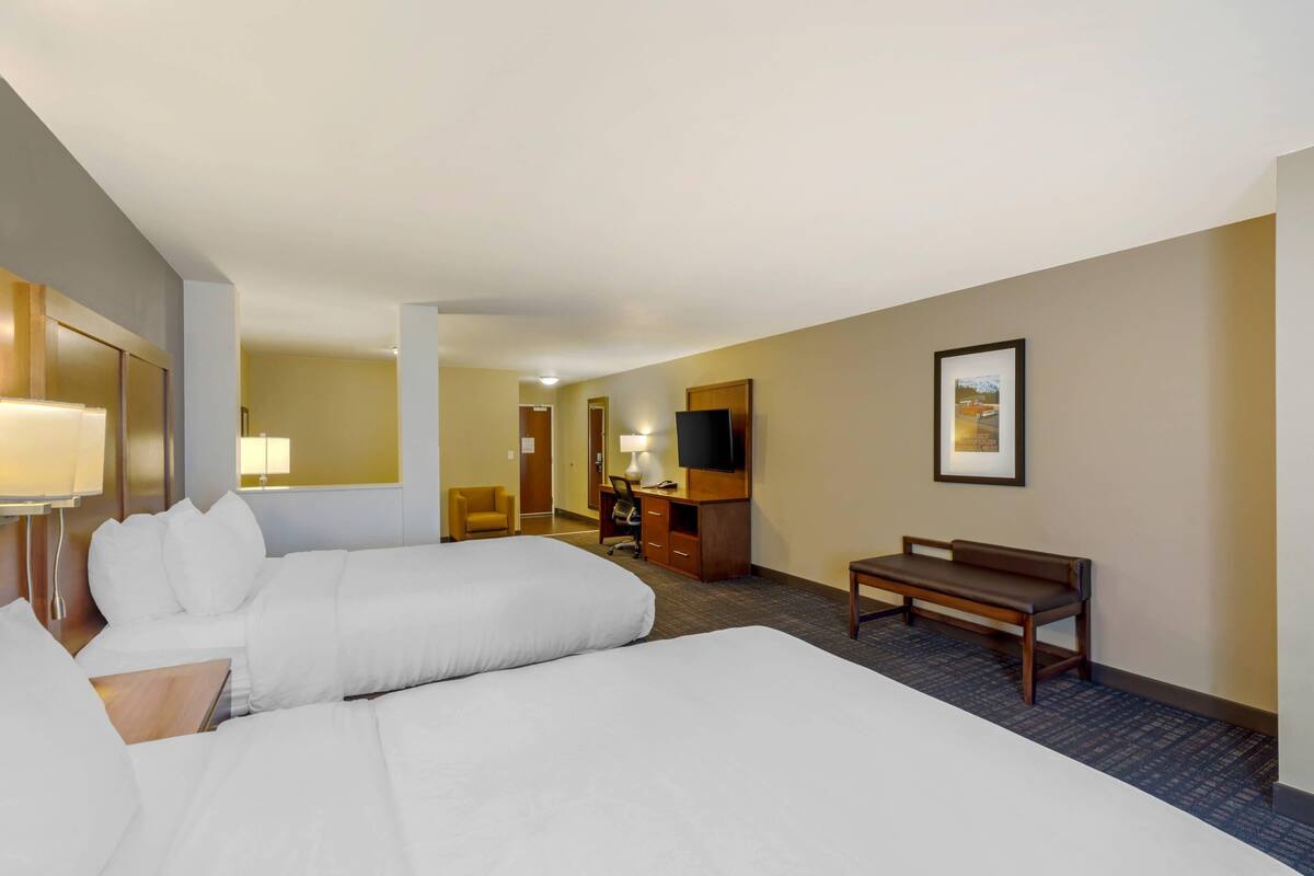 A hotel room with two beds, a desk, a chair, a television, and a framed picture on the wall.