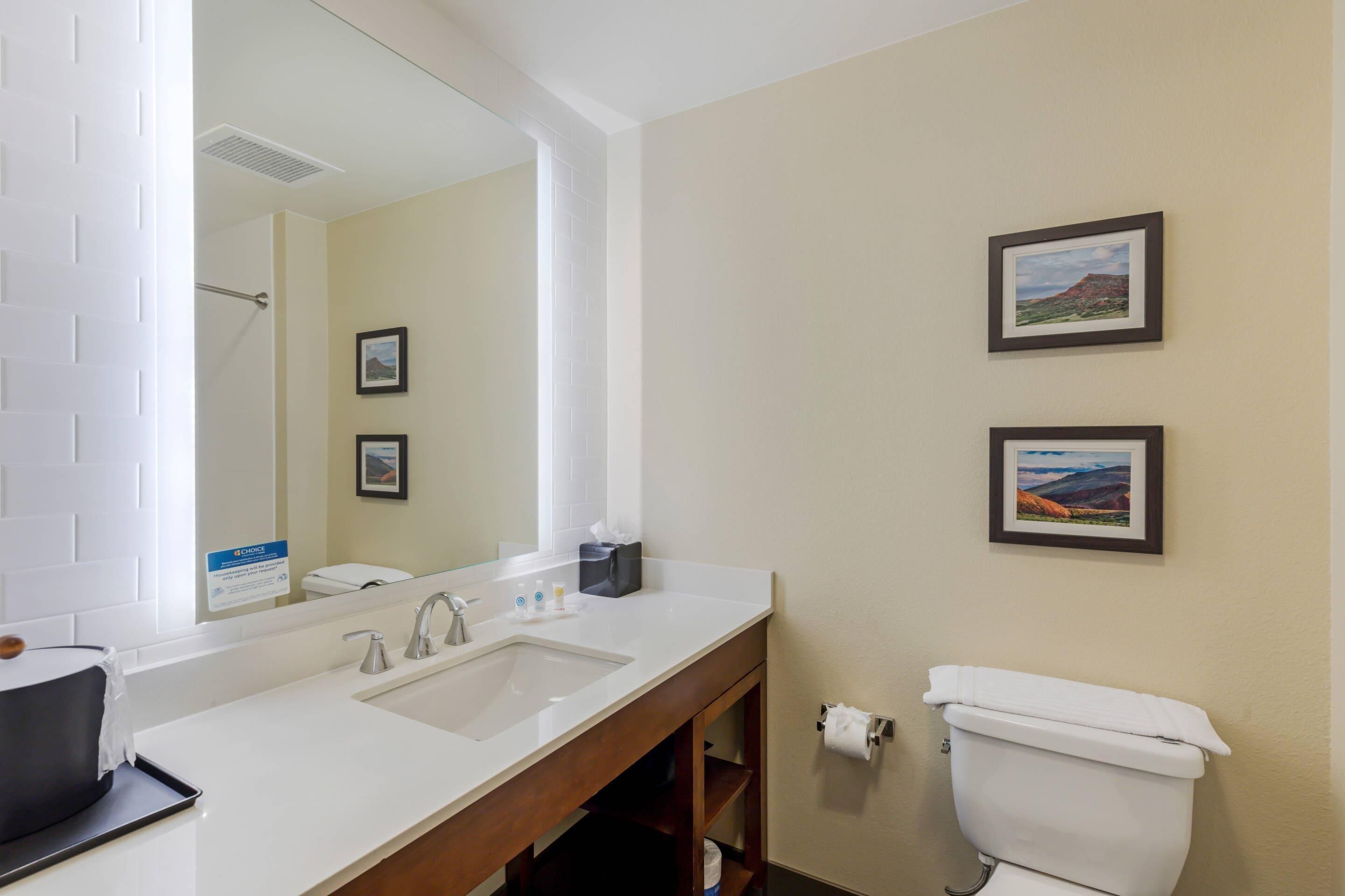 Une salle de bain avec un lavabo blanc, un miroir, des toilettes et deux tableaux encadrés accrochés au mur.