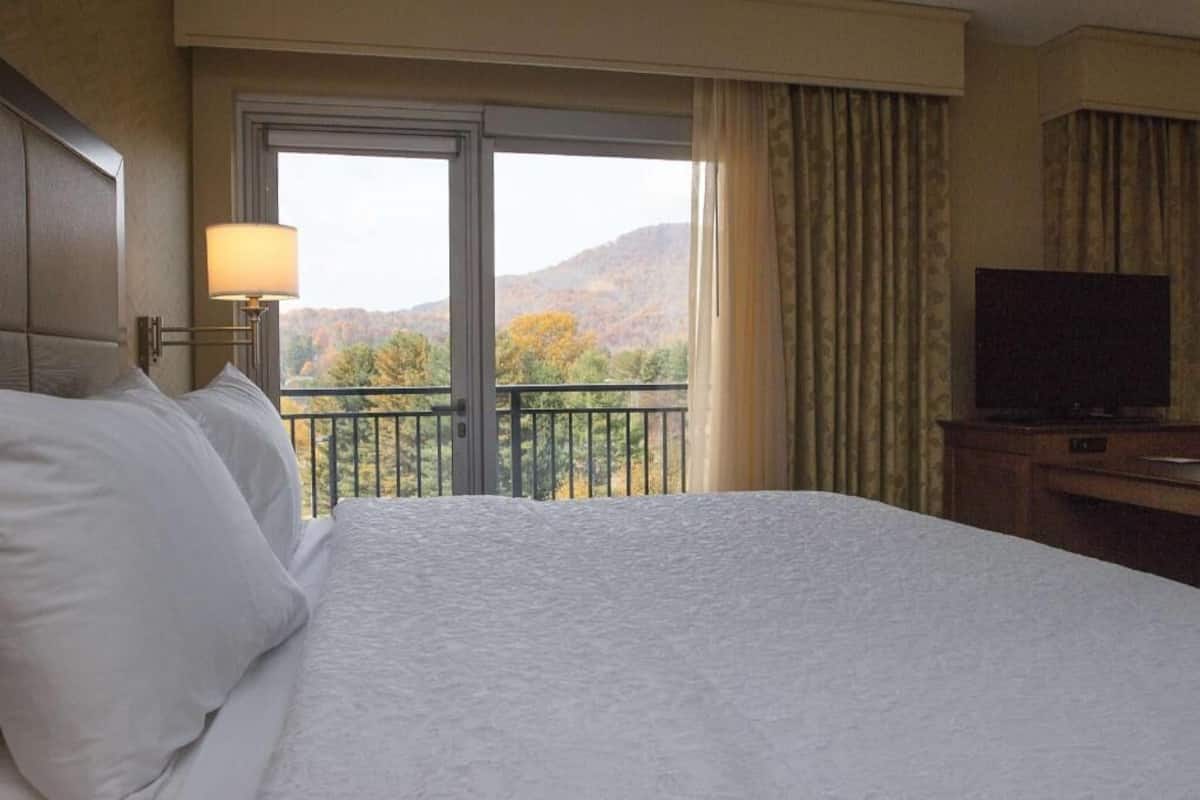 A hotel room with a bed, a television, a window with a view of trees and hills, and a balcony with a railing.