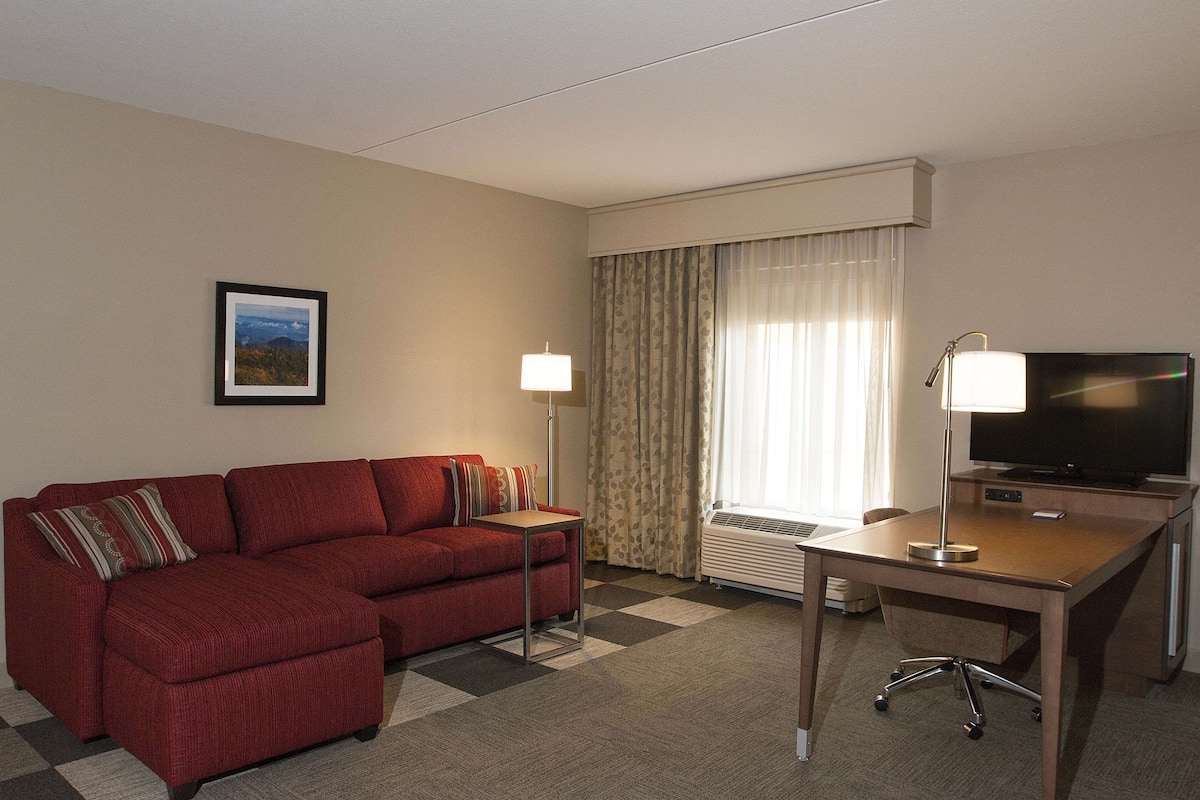 A hotel room with a red sofa, a desk with a TV, a lamp, and a window with curtains.