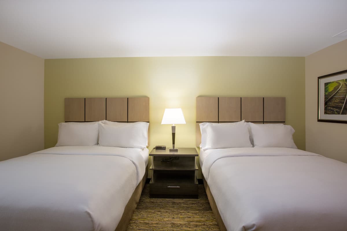 A hotel room with two beds, a nightstand with a lamp, and a framed picture on the wall.