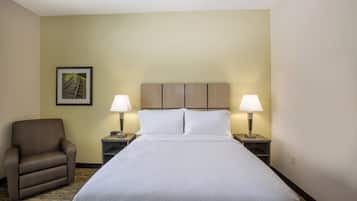 Habitación de hotel con una cama, dos lámparas de noche, una silla y un cuadro en la pared.