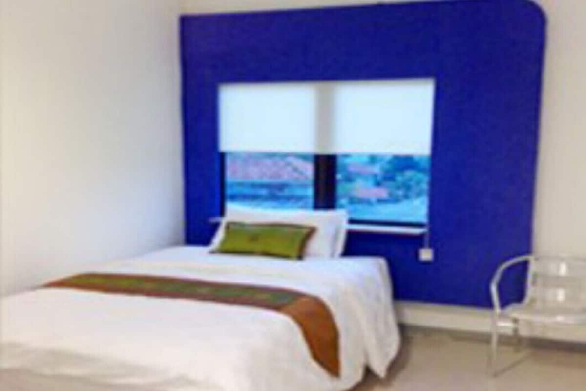 A modern bedroom with a large bed, a window with a view, and a blue accent wall.
