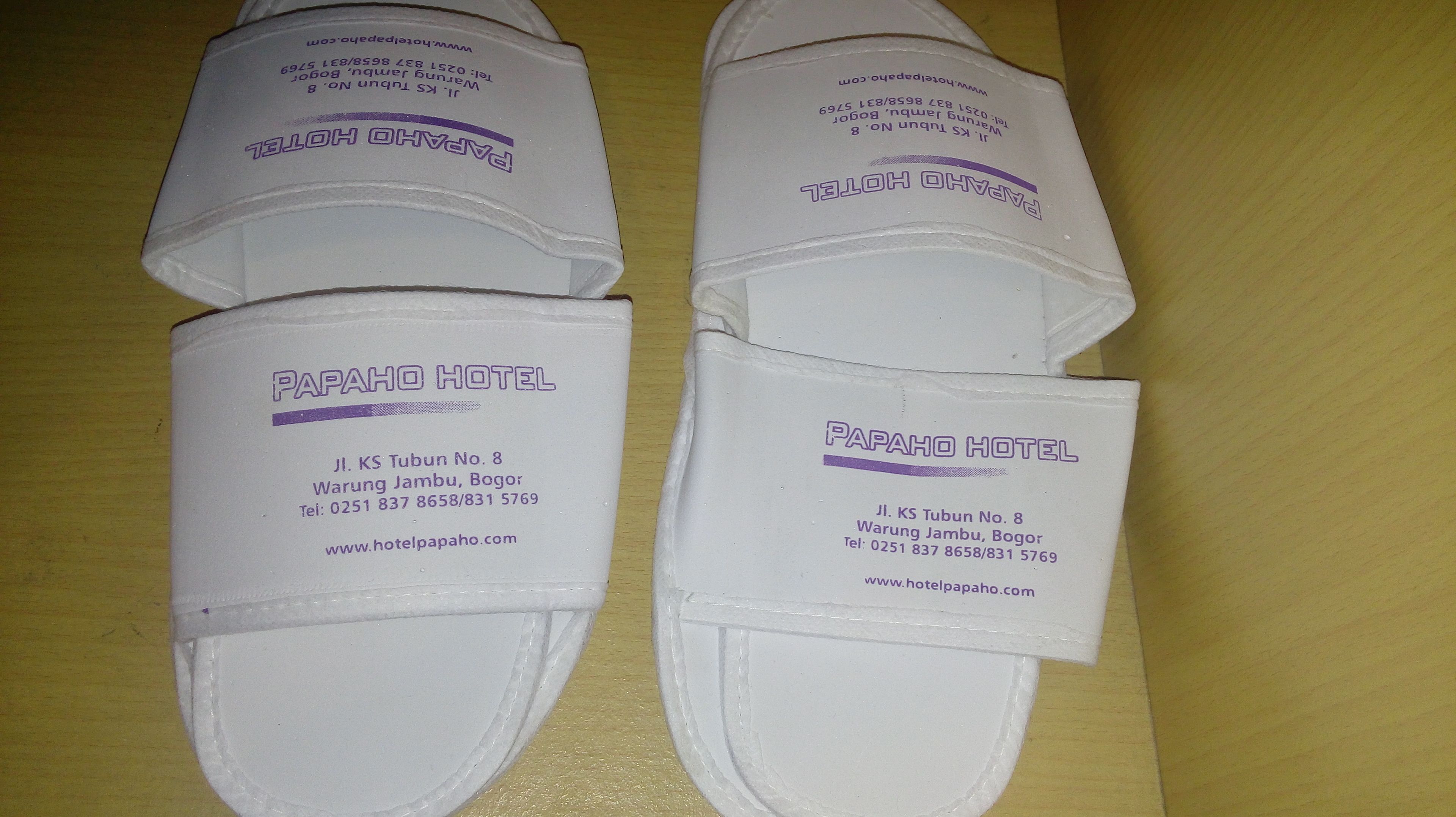 A pair of white slippers with printed text and a website URL.