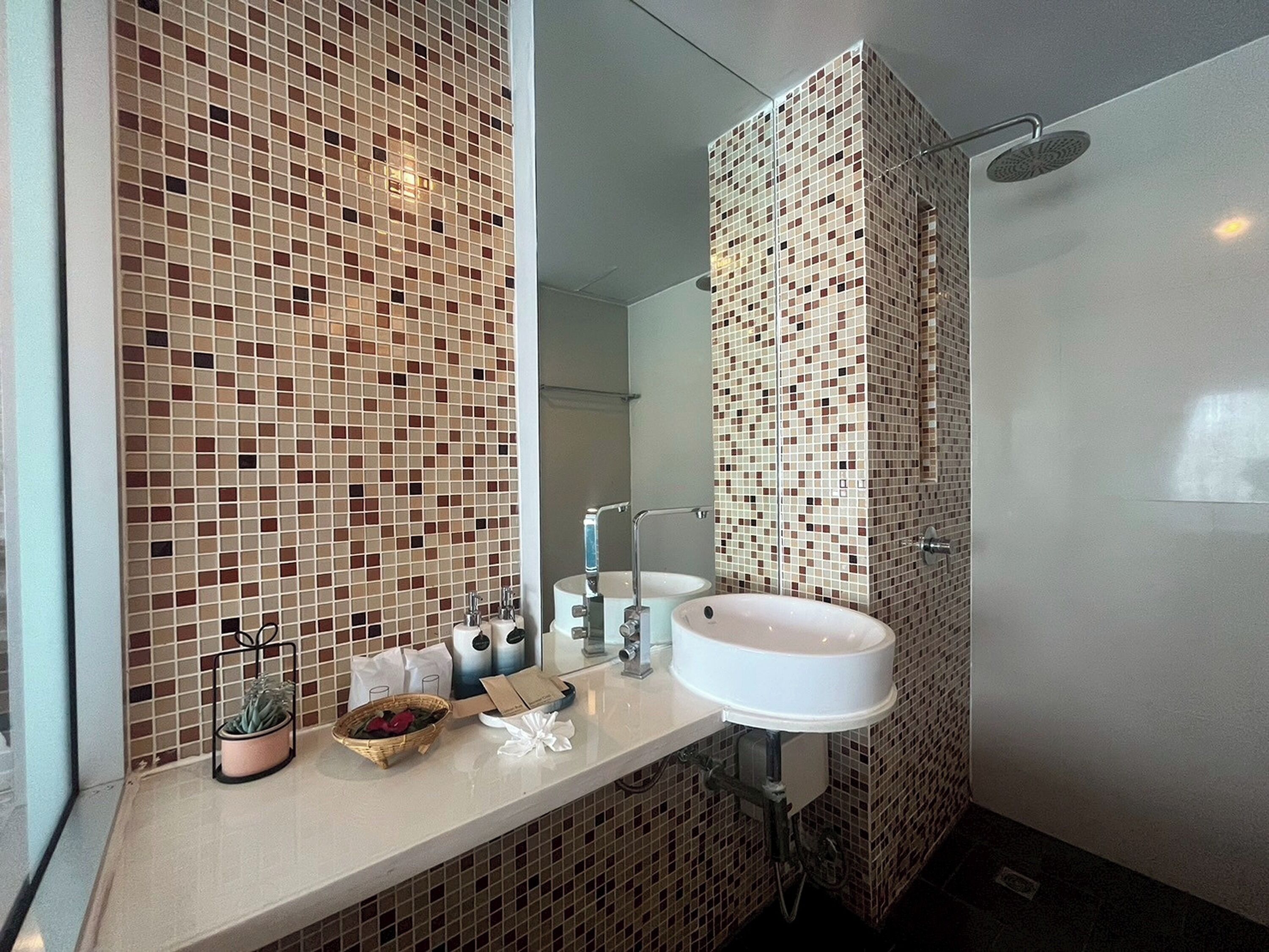 shower, rainfall showerhead, free toiletries, hair dryer