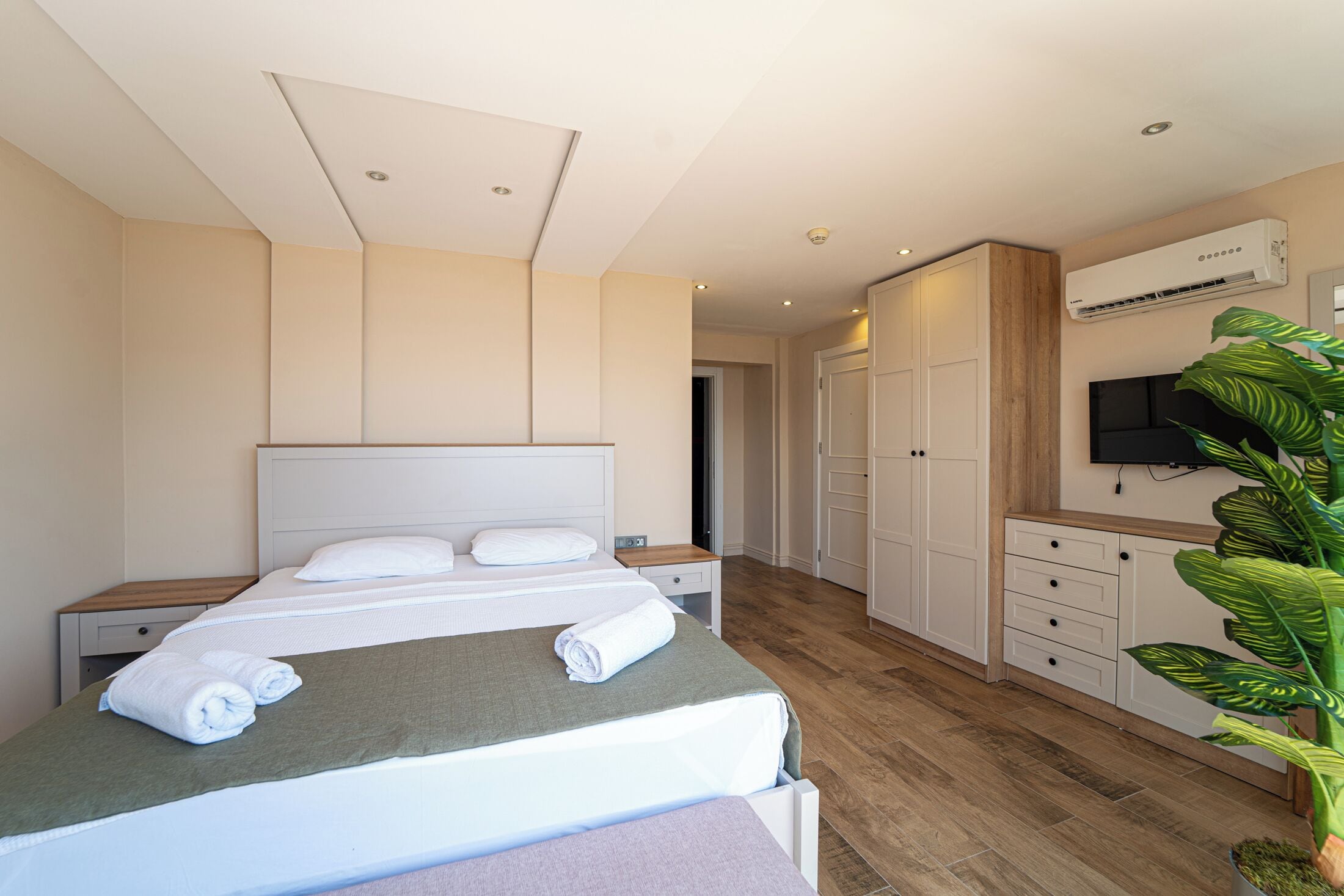 A bedroom with a bed, bedside tables, a wardrobe, a TV, and a potted plant.