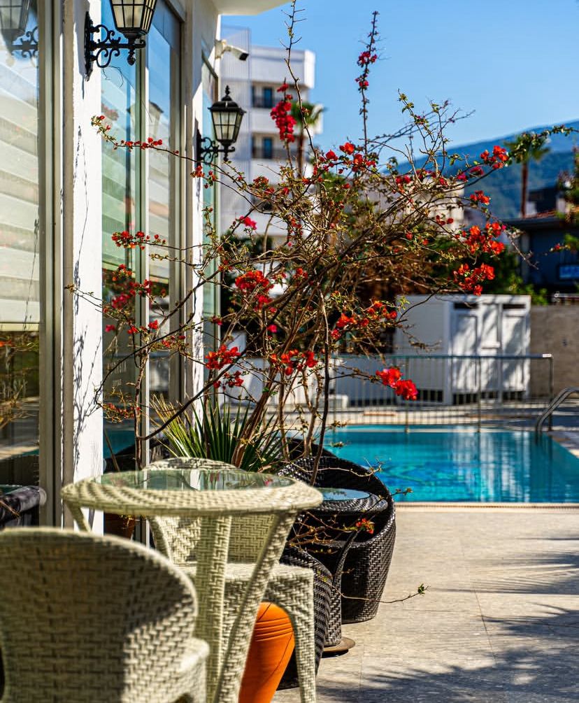 A poolside area with wicker chairs and a potted plant with red flowers.