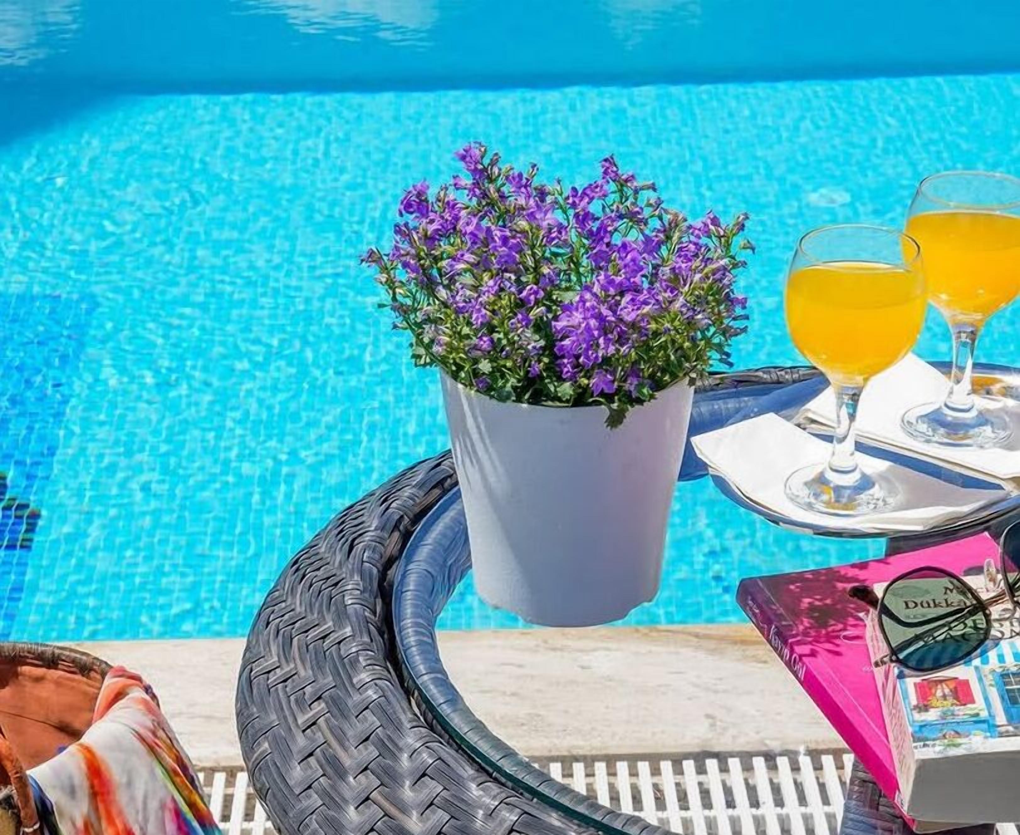 Ein Poolbereich mit einem Blumentopf, zwei Orangensaftgläsern und einer Brille auf einem Tisch.