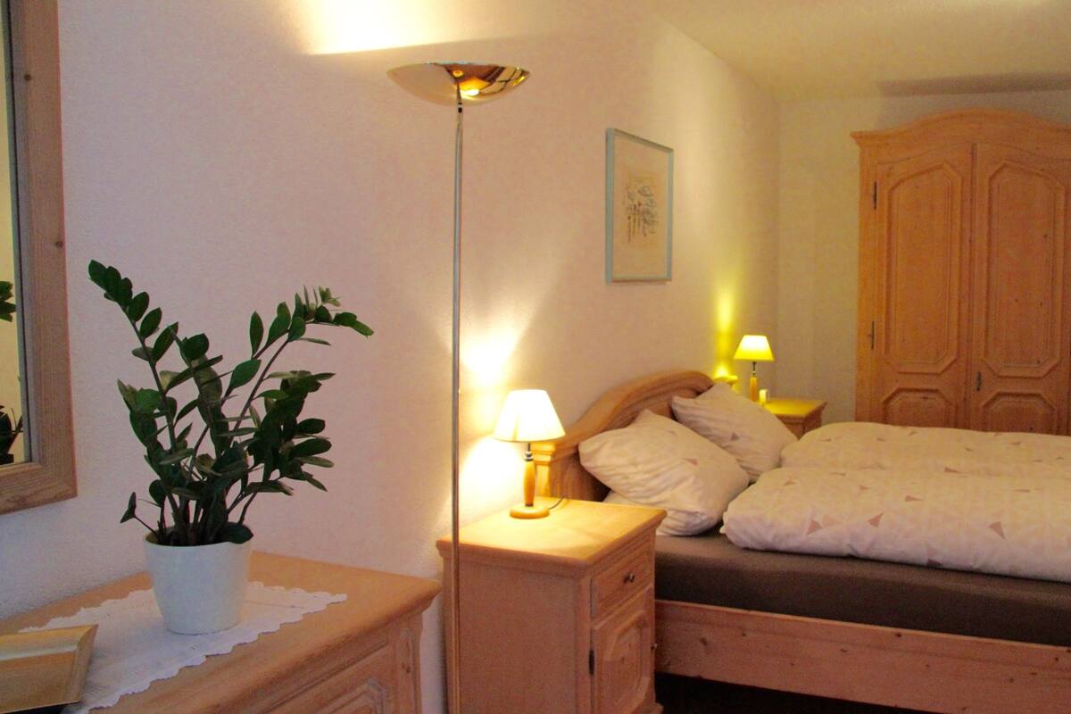 Ein Schlafzimmer mit Bett, Nachttischlampen, einem Nachttisch, einer Kommode, einer Topfpflanze und einem Kleiderschrank.