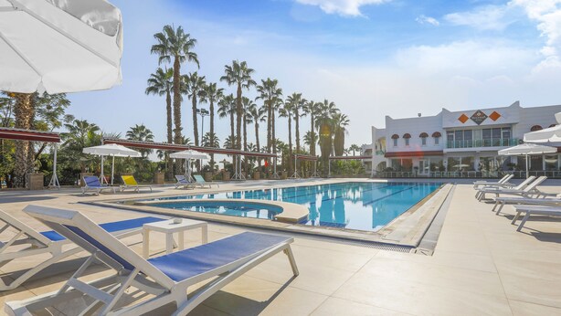 Un espace aménagé au bord de la piscine, avec des chaises longues et des parasols, des palmiers et un bâtiment sur lequel on peut voir une enseigne.