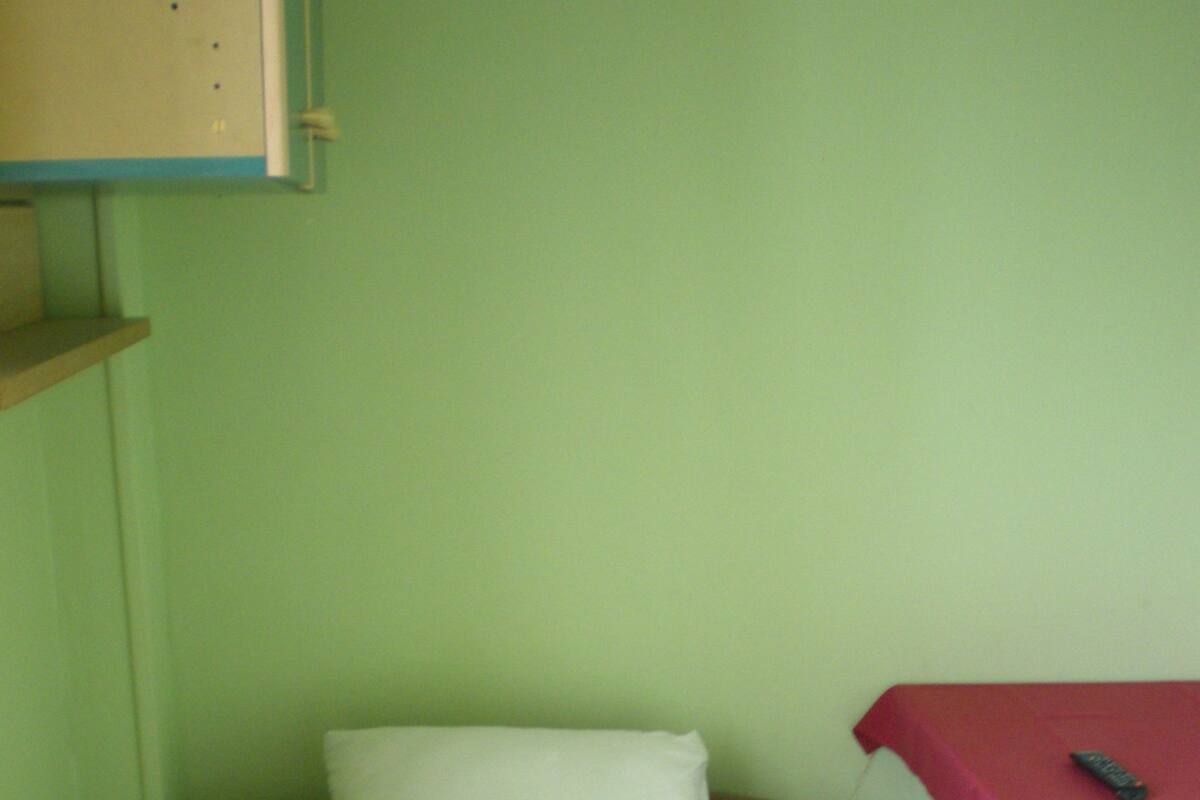 Ein Einzelbett mit weißem Kopfkissen und einer braunen Matratze in einem Zimmer mit grünen Wänden.