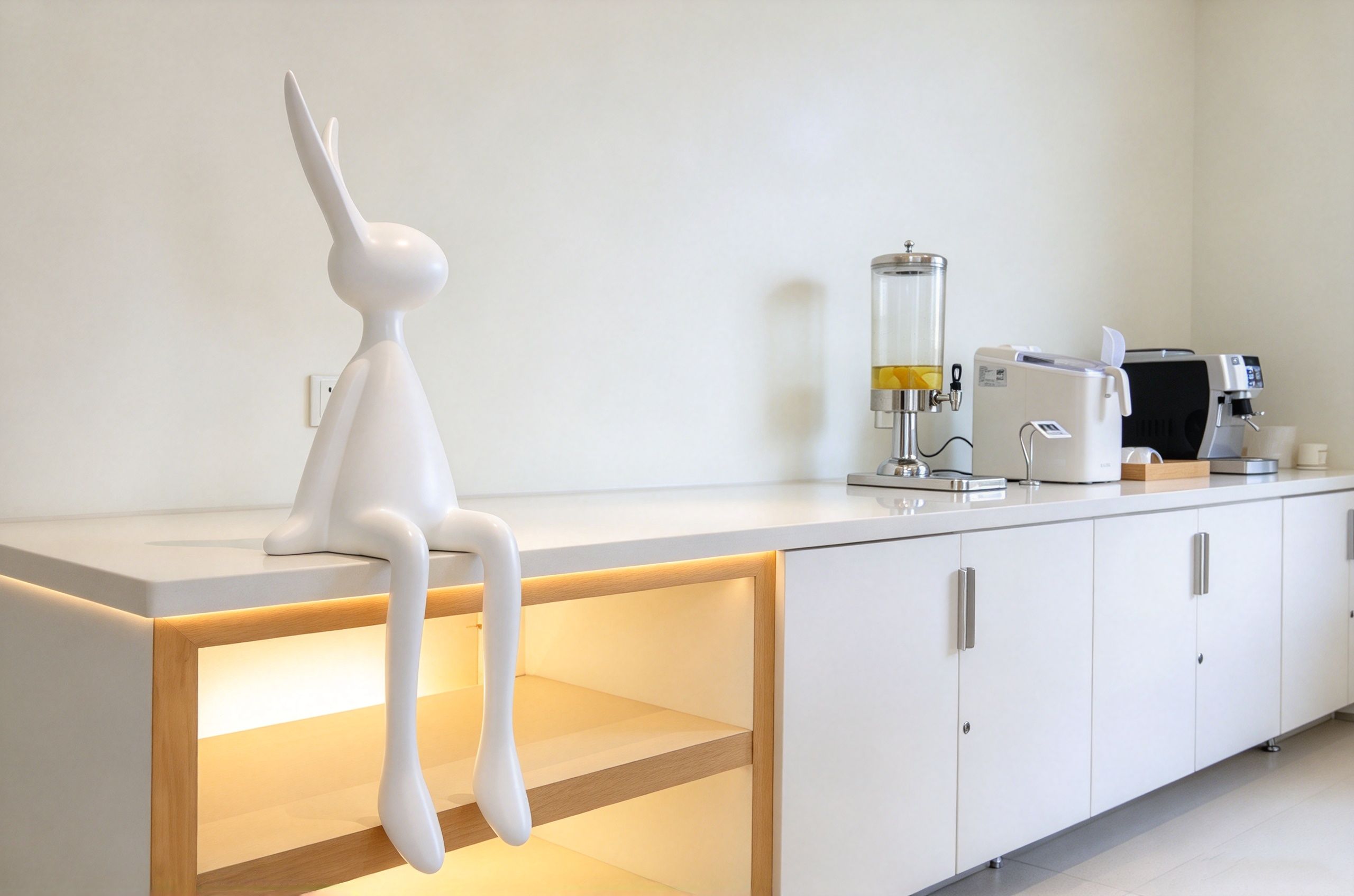 A modern kitchen with a white countertop, a coffee machine, a coffee maker, and a unique white sculpture.