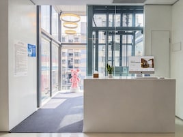 A reception area with a desk, a potted plant, and a large window.