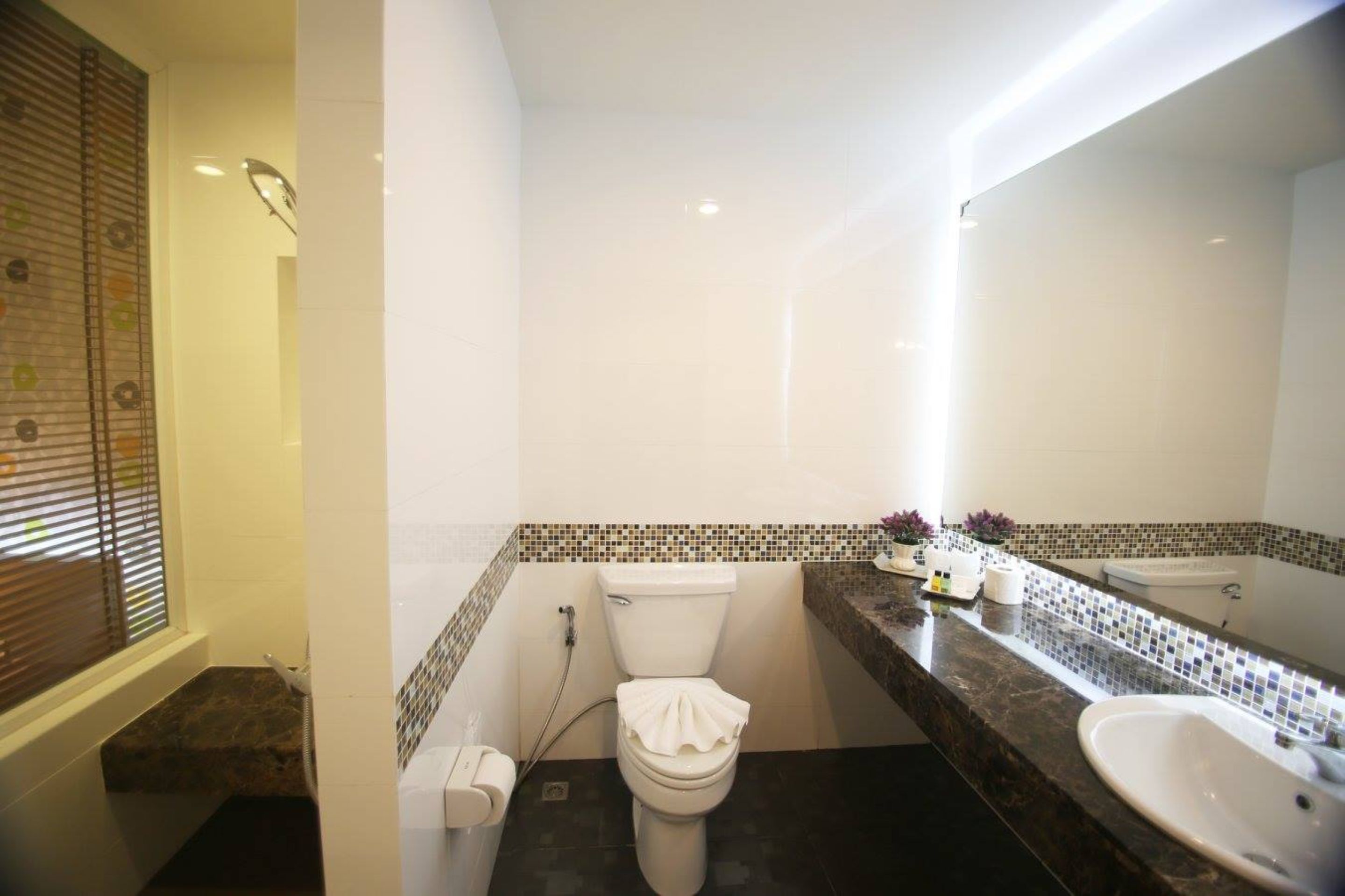 A bathroom with a toilet, sink, and mirror.