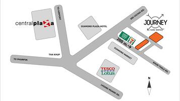 A map with landmarks including central plaza, Diamond Plaza Hotel, Tesco Lotus, Diamond Market, and Journey.