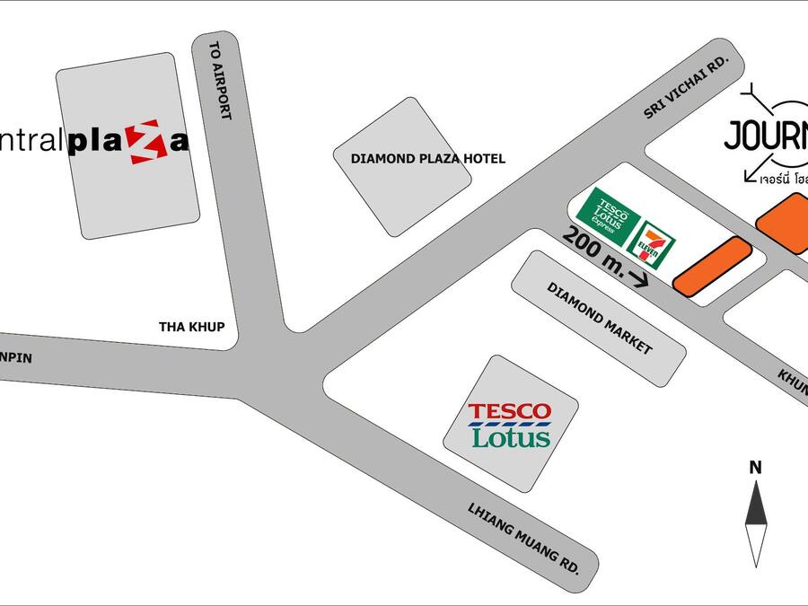 A map with landmarks including central plaza, Diamond Plaza Hotel, Tesco Lotus, Diamond Market, and Journey.