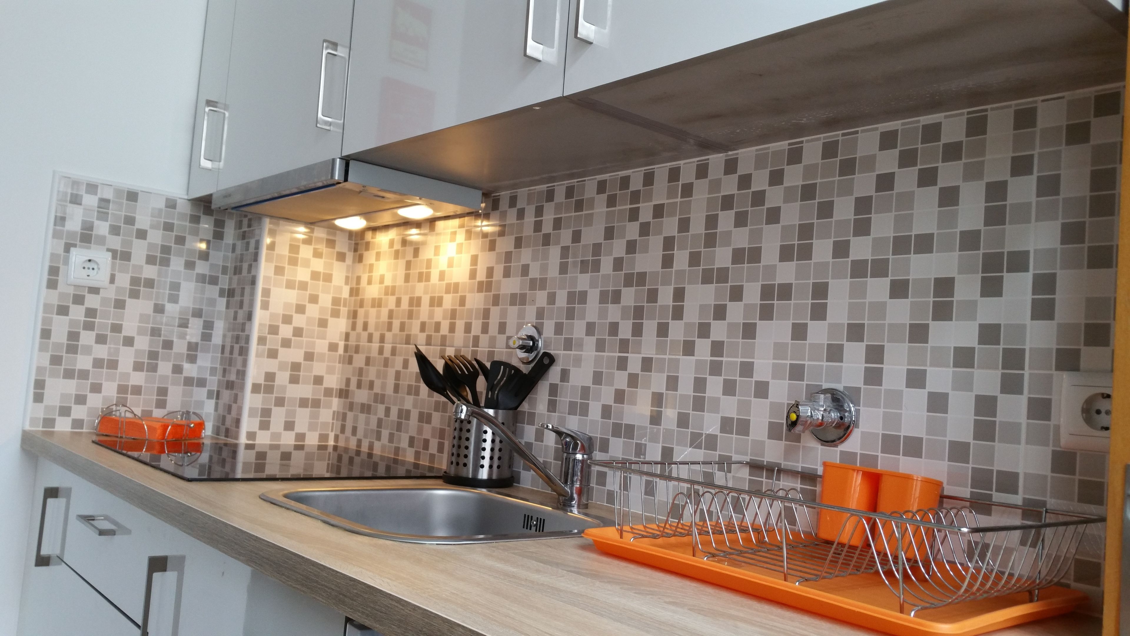A modern kitchen with a stainless steel sink, a dish rack, and a tiled backsplash.