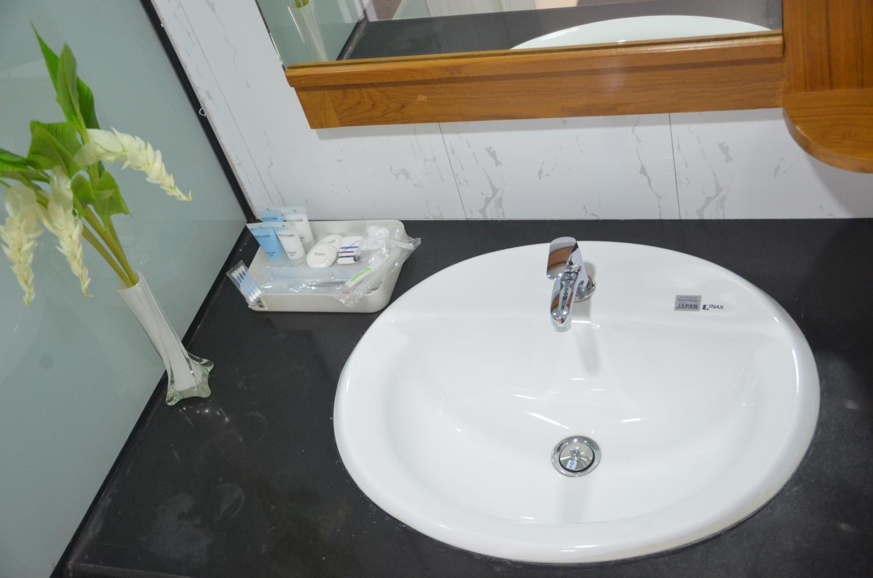 A white bathroom sink with a mirror above it, a small plant beside the sink, and toiletries in a tray.
