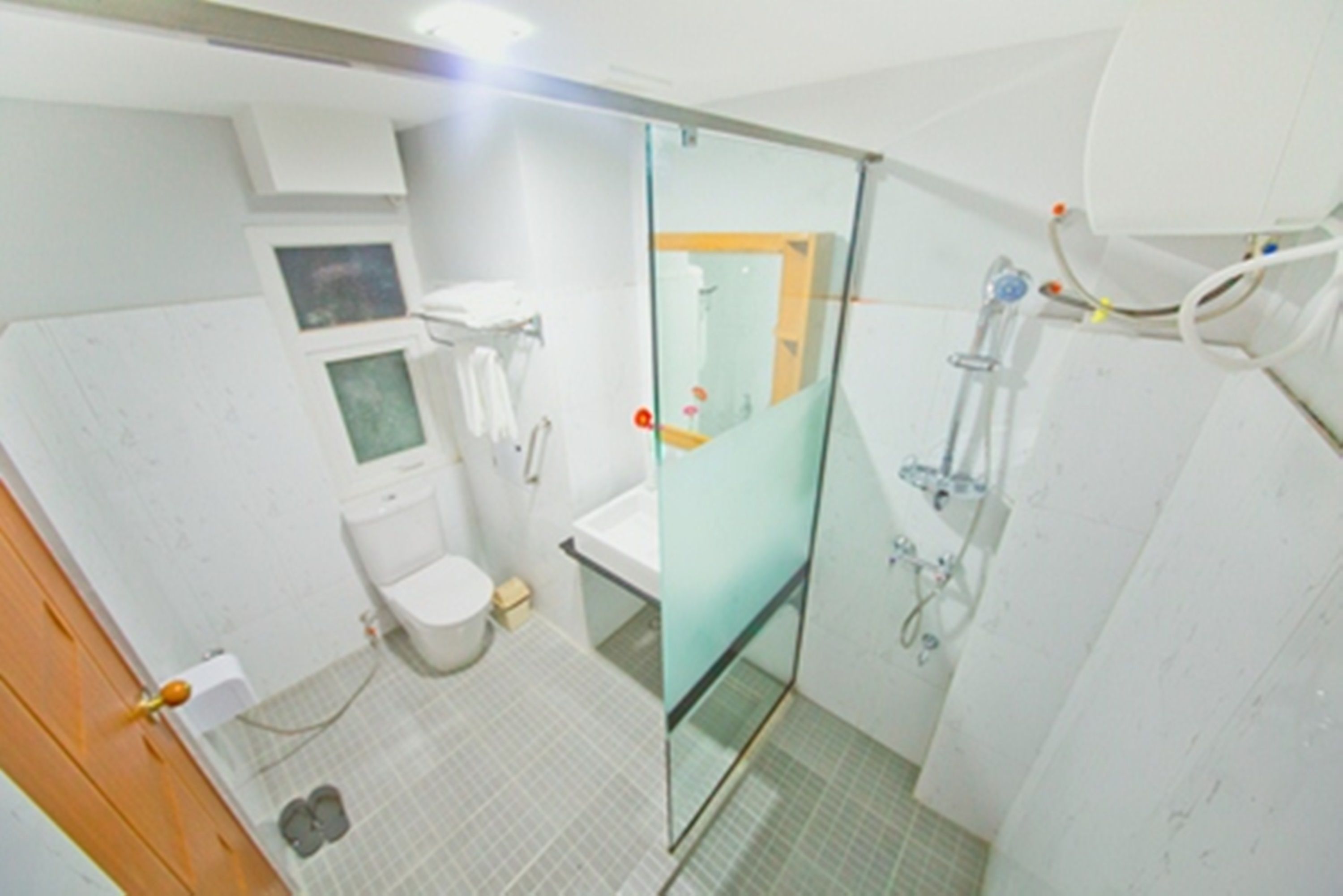 A modern bathroom with a glass shower enclosure, a toilet, and a sink.
