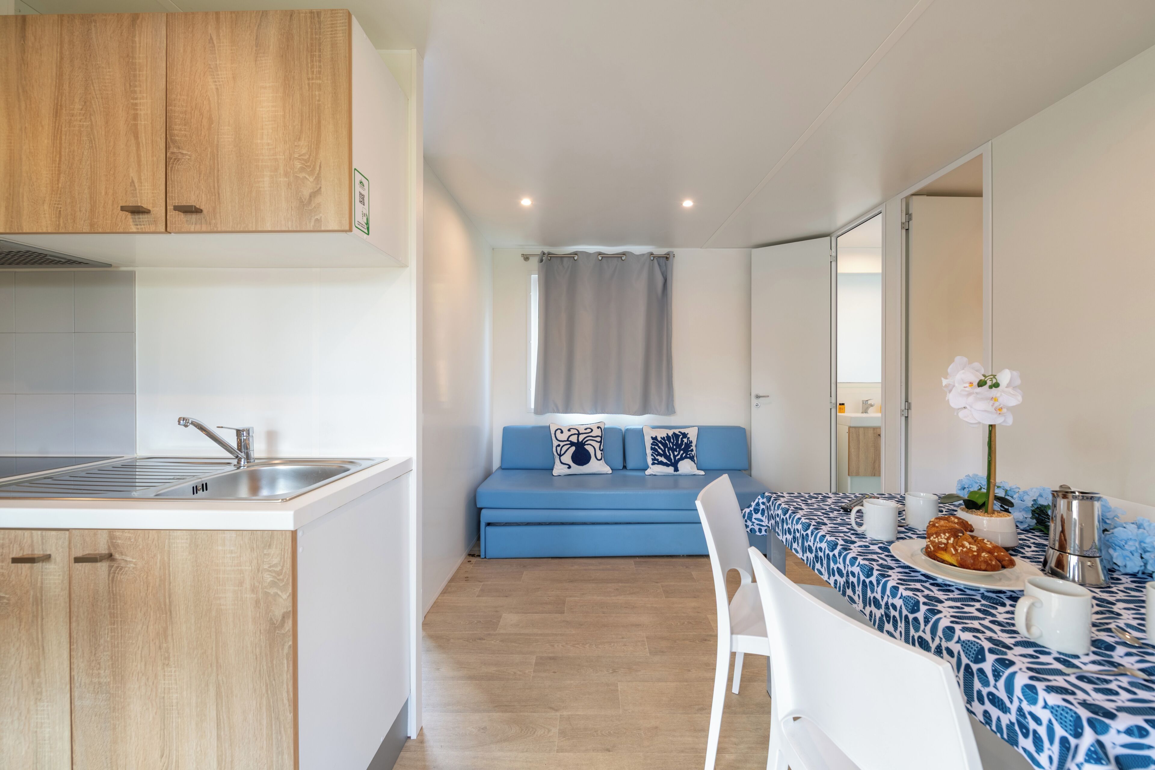 A compact living space with a kitchenette, a dining area, and a seating area with a sofa.