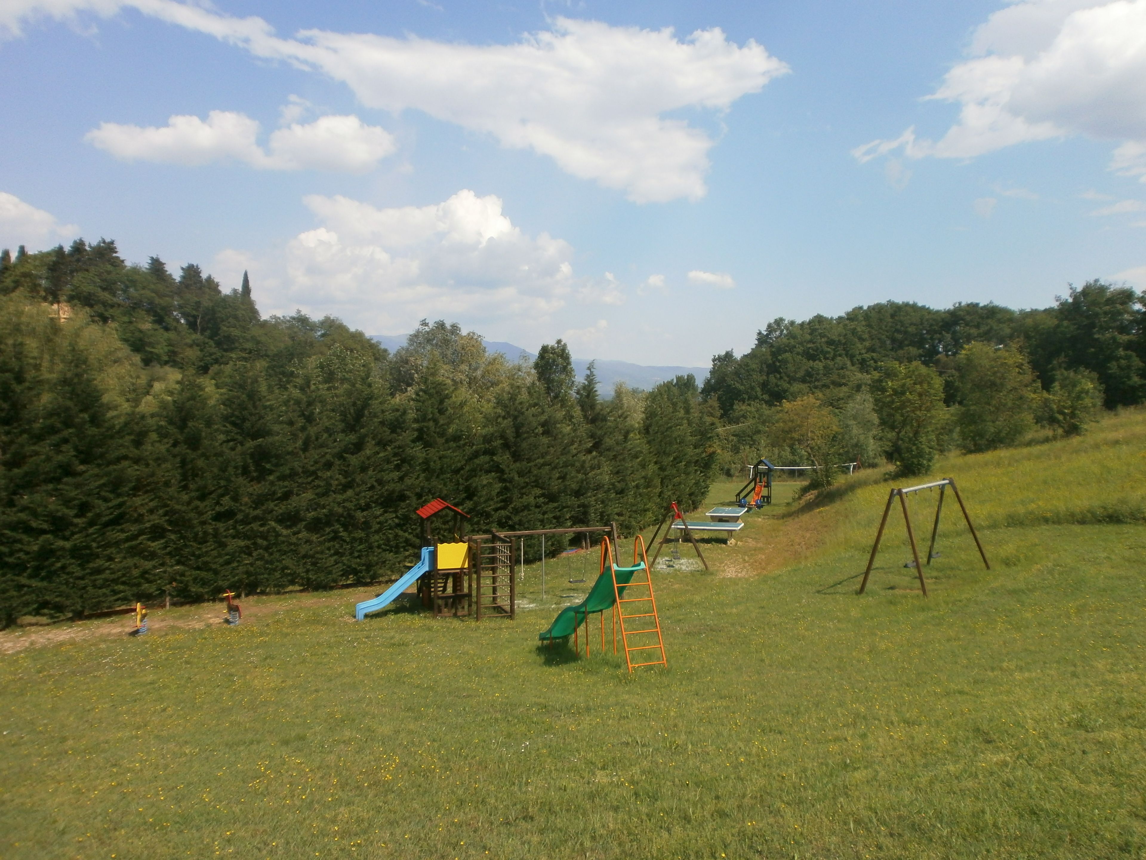 A playground with slides and swings in a grassy field with trees in the background.