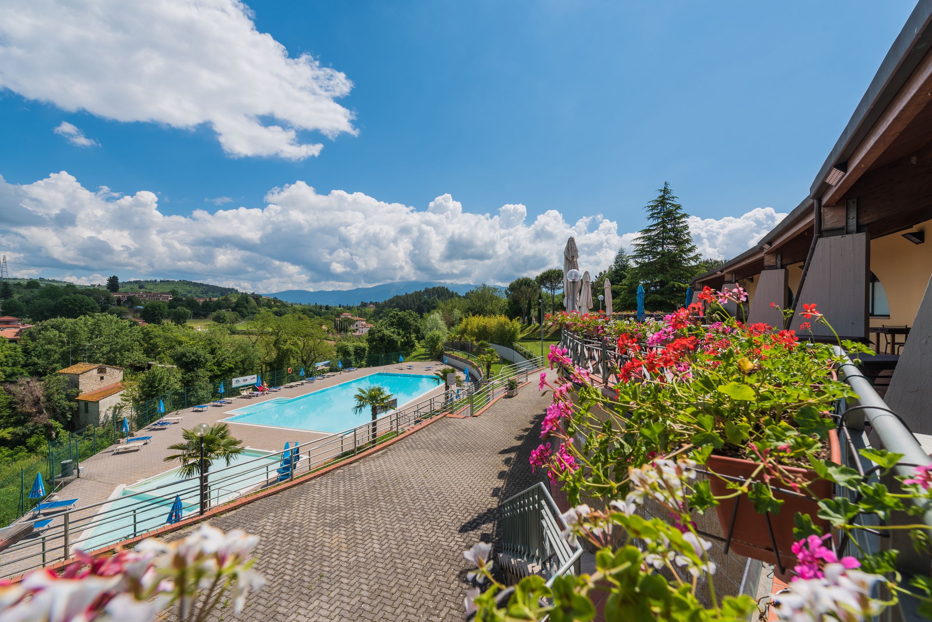 Vista d'una piscina envoltada de vegetació, amb cel blau i turons allunyats.