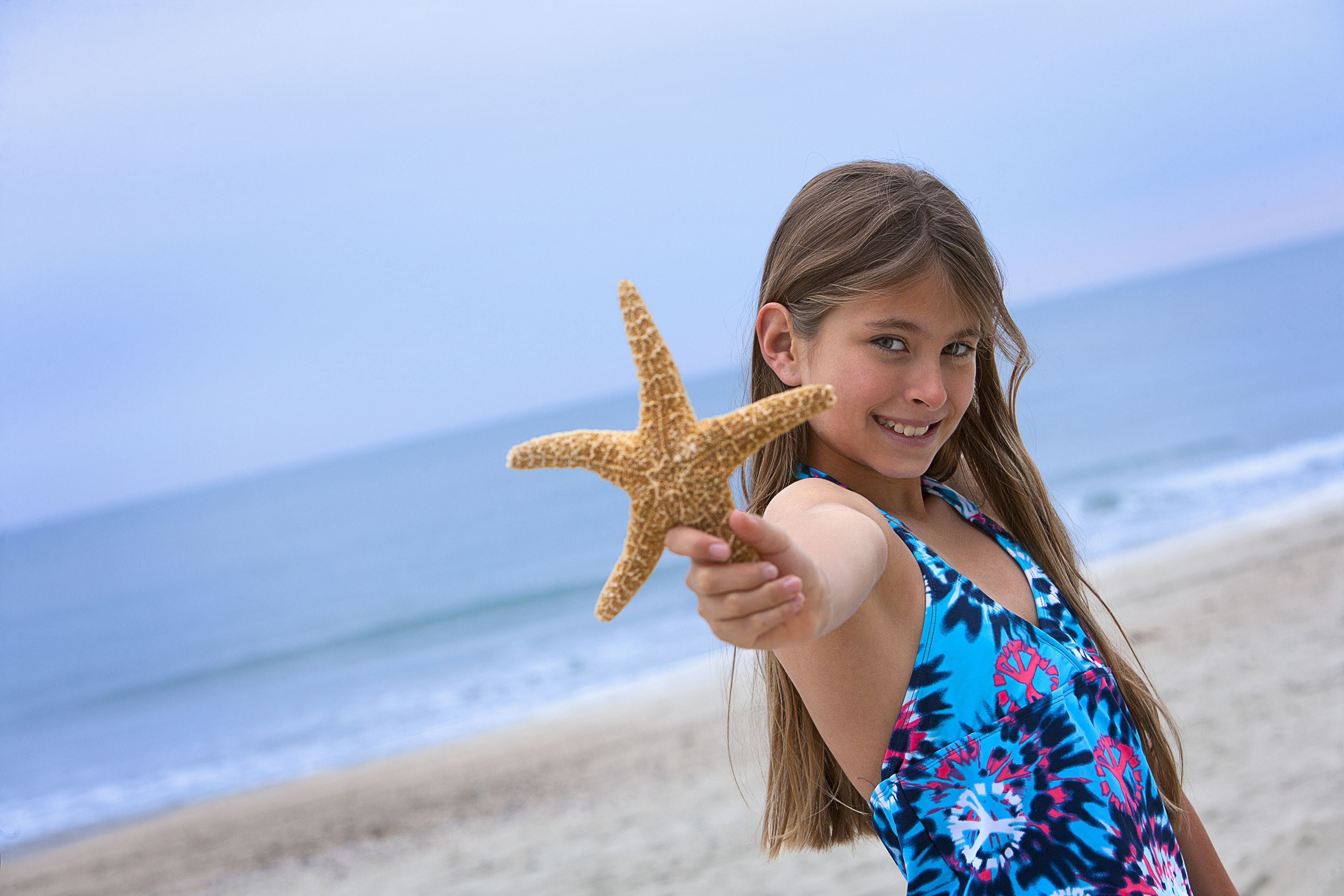 A person holding a starfish on a beach.