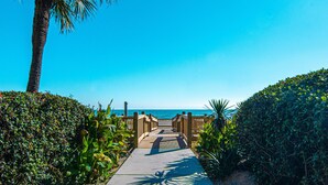 A pathway leading to a beach with a wooden fence and palm trees. - Palms Resort (Myrtle Beach)