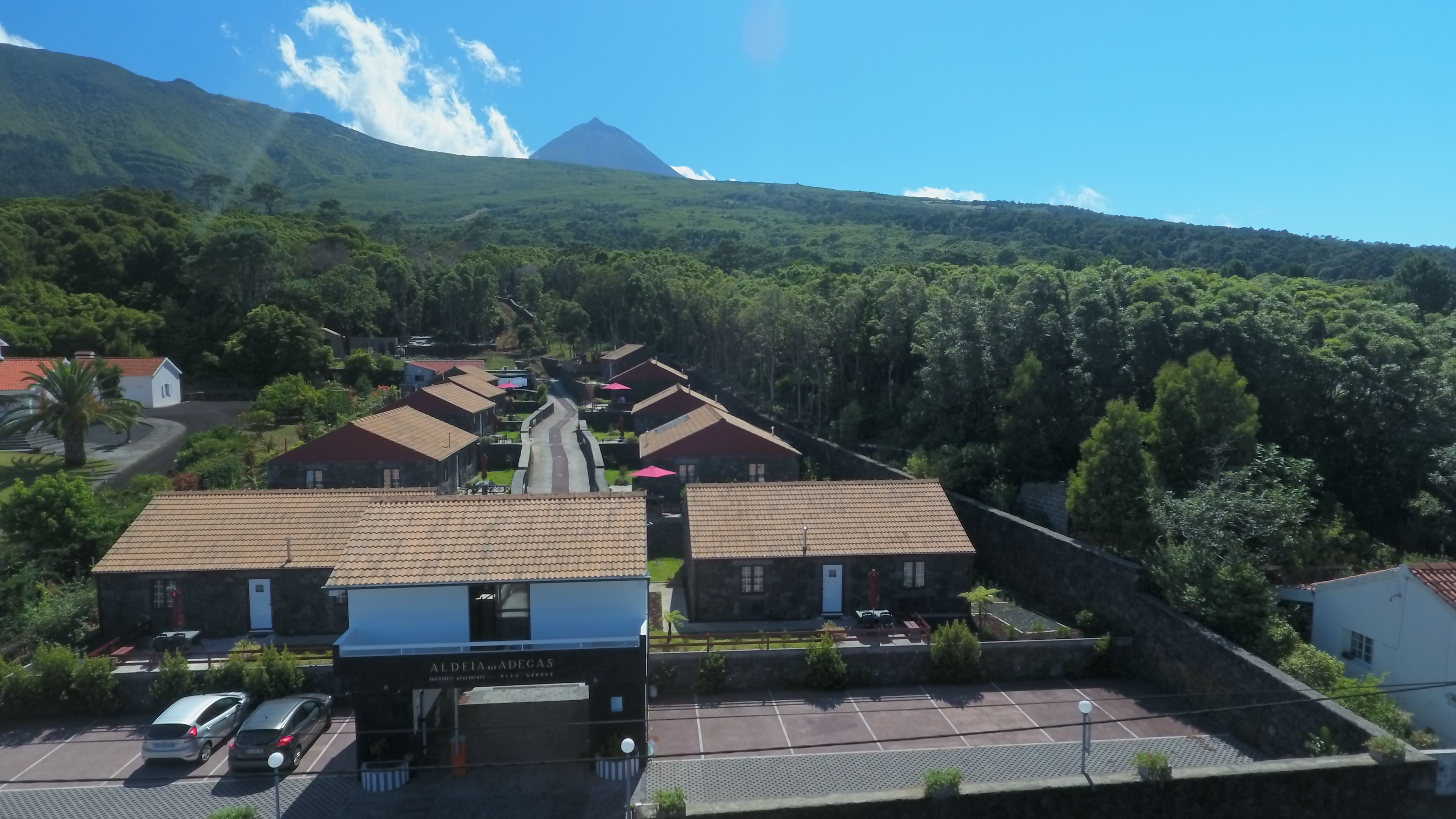 A residential area with houses, a parking lot, and a mountain in the background.