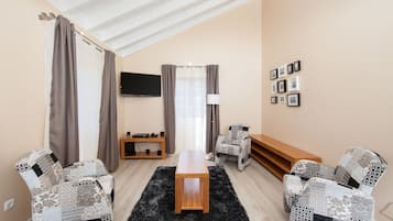 LCD TV, fireplace, DVD player