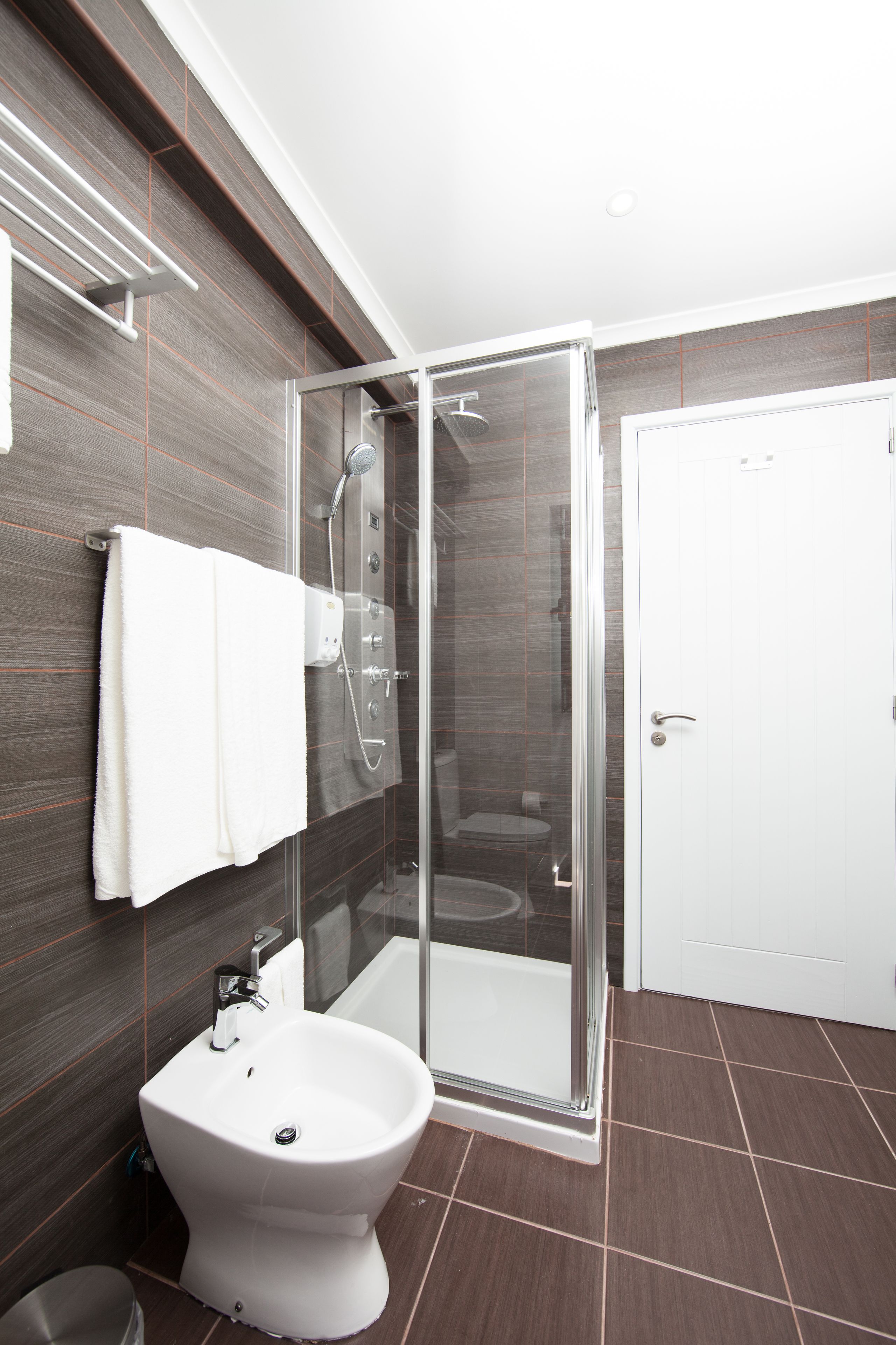 A modern bathroom with a glass-enclosed shower, a white toilet, and a bidet.