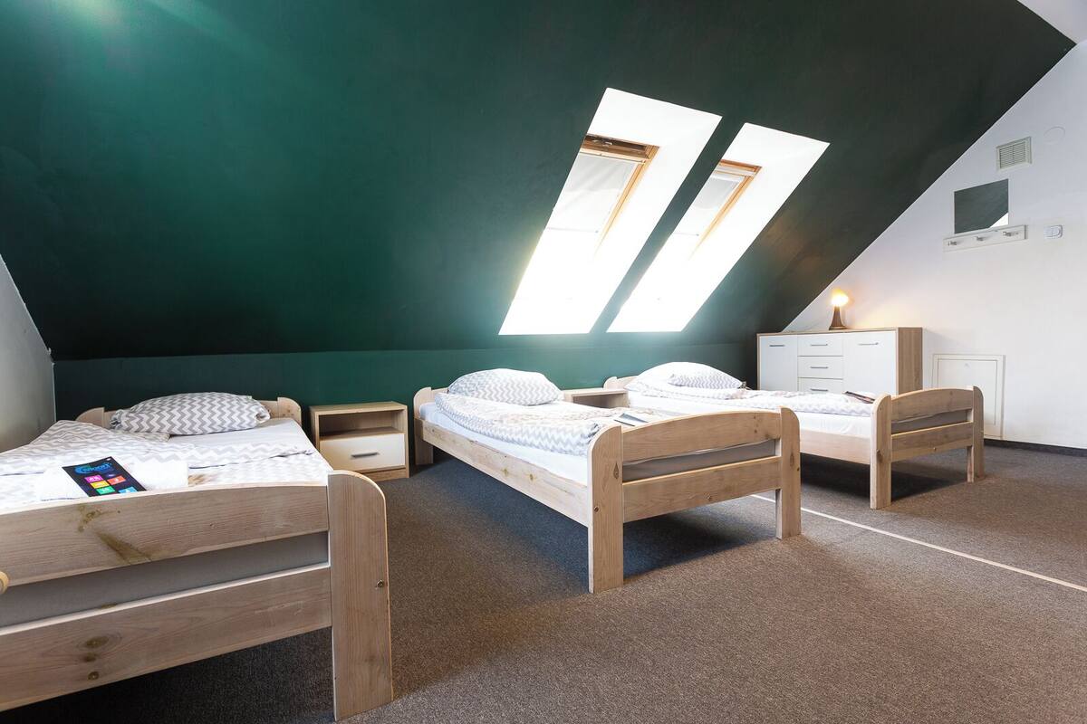 Una habitación tipo dormitorio con dos camas, un escritorio y un armario.
