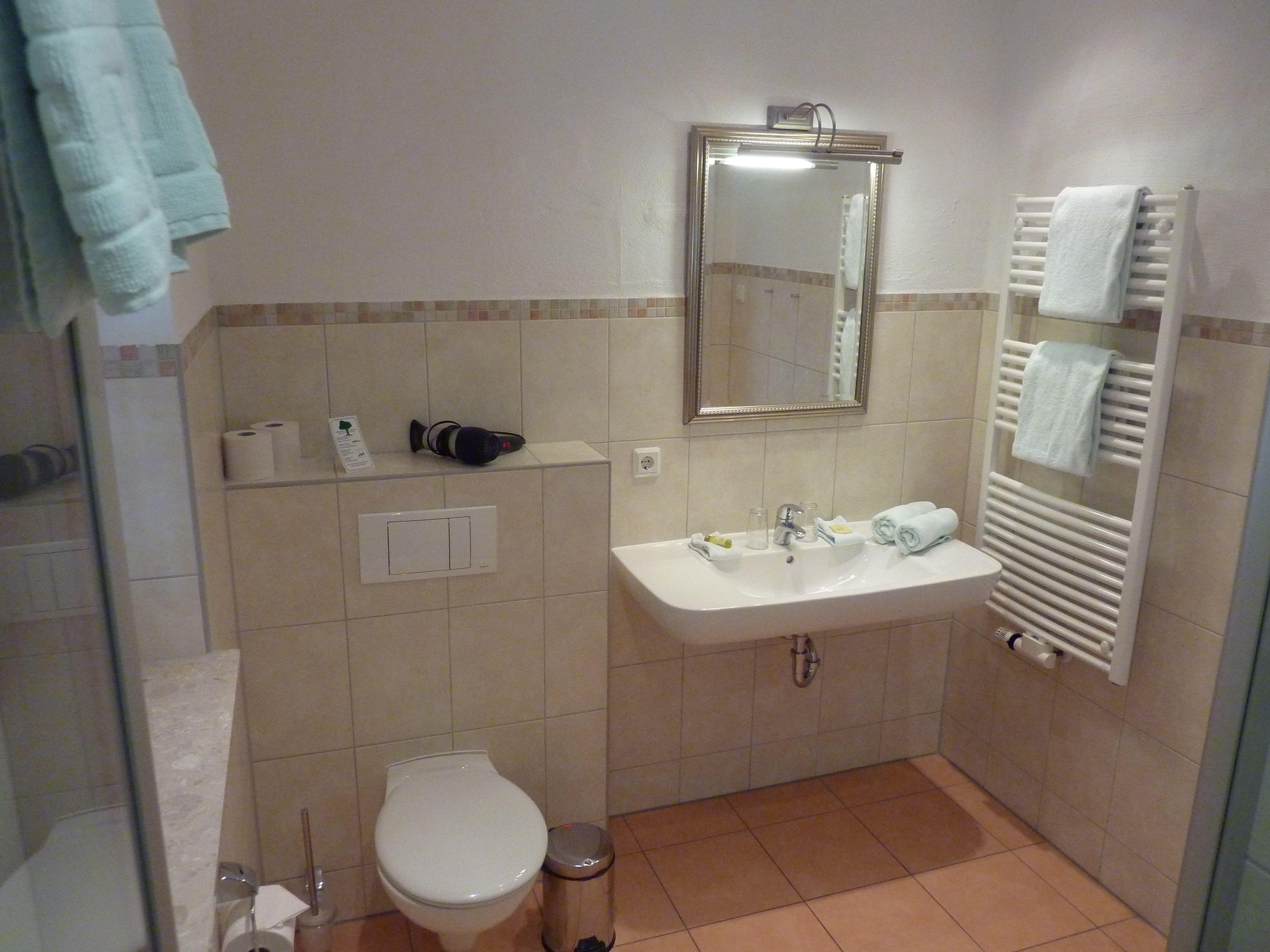 A bathroom with a toilet, sink, mirror, towel rack, and a trash bin.