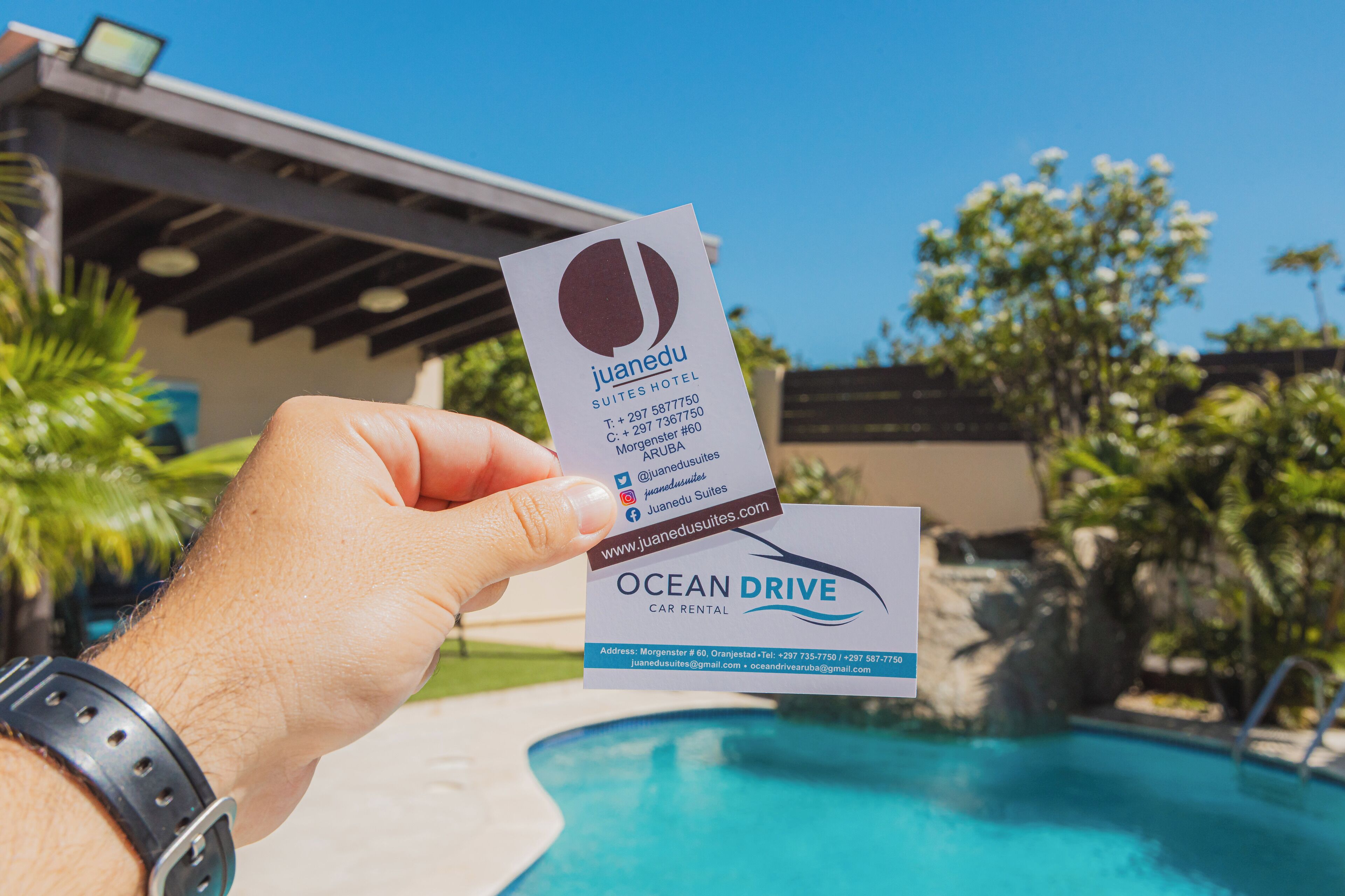 A hand holding a business card for Juanedu Suites Hotel, featuring contact information and the Ocean Drive Car Rental logo.