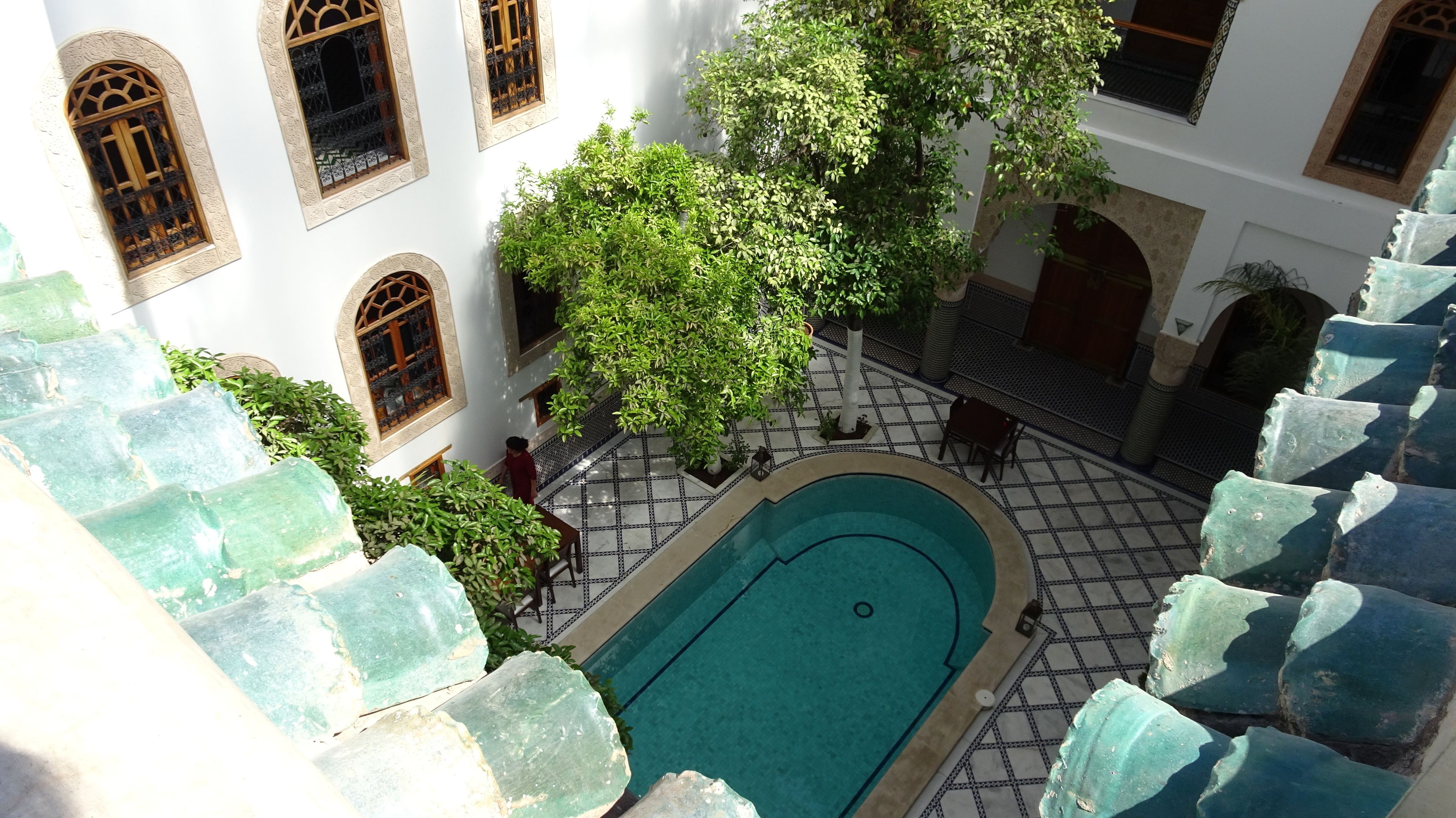 Um pátio com piscina, piso revestido e uma grande árvore.