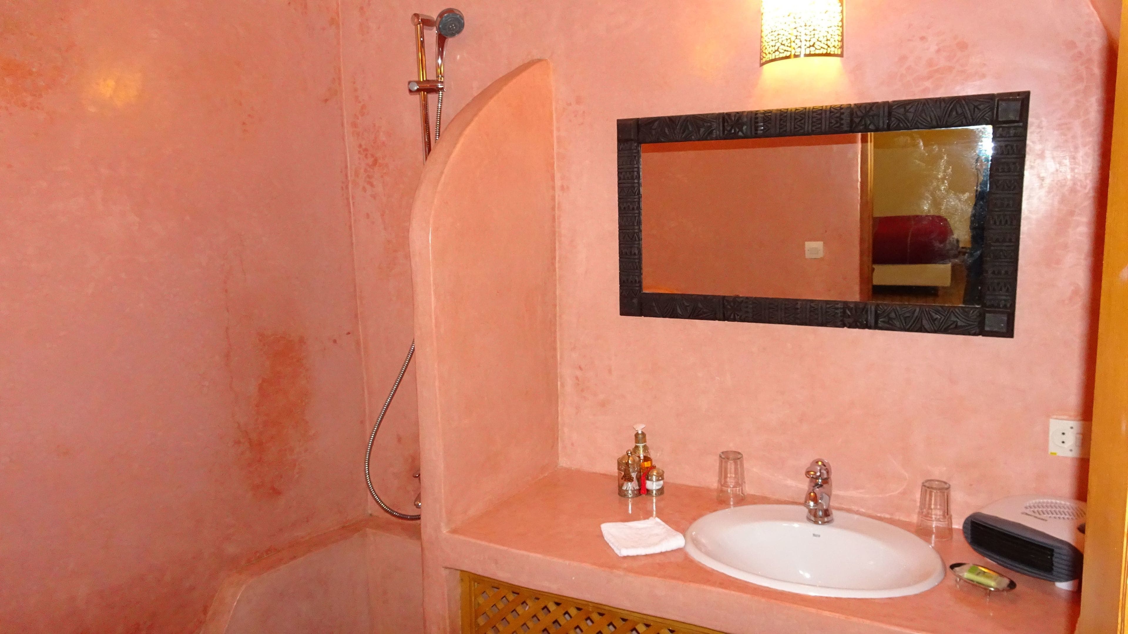 A bathroom with a pink wall, a sink with two faucets, a mirror, and a handheld showerhead.