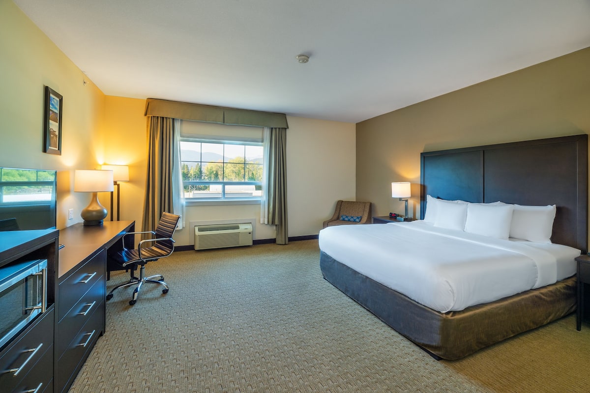 A hotel room with a large bed, a desk with a lamp, a chair, and a view of the outdoors through a window.