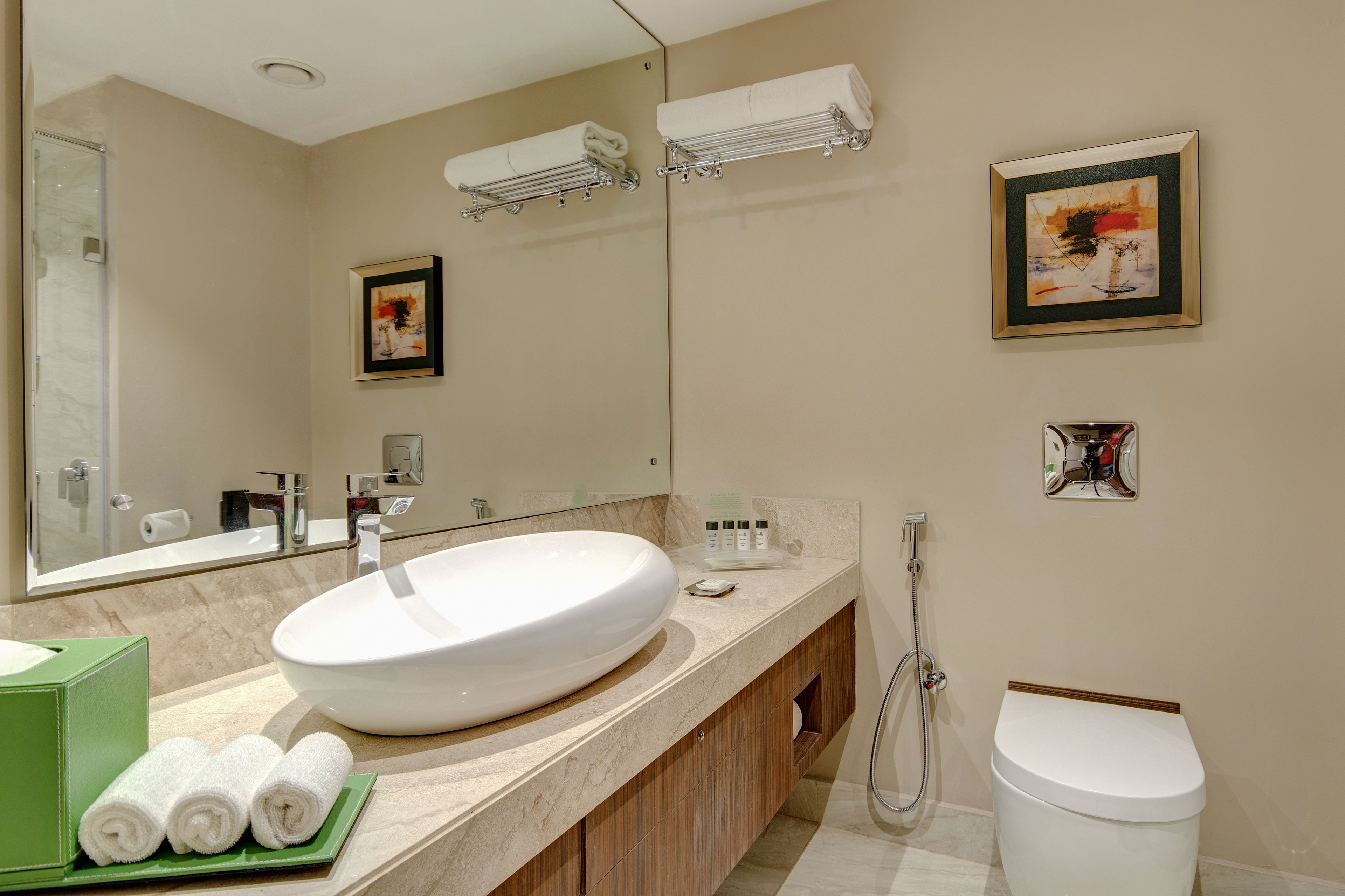 Une salle de bain moderne avec un grand lavabo ovale, des toilettes, une douche et un miroir.