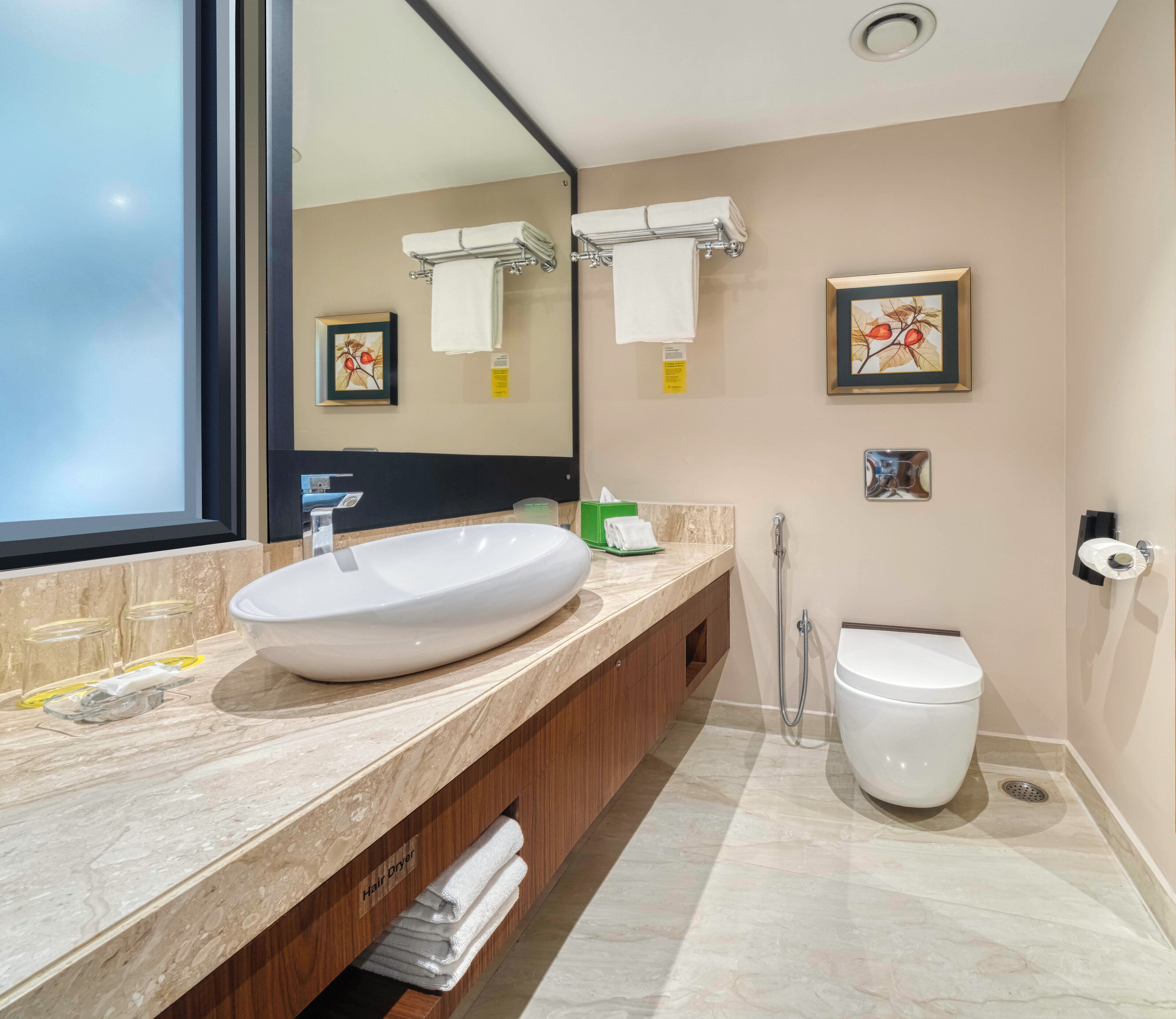 A modern bathroom with a large sink, a toilet, and a shower.