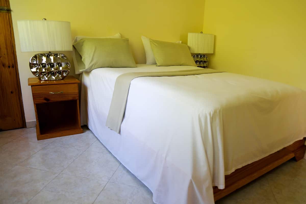 A neatly made bed with white linens and two pillows, a wooden nightstand with a lamp, and a wooden door.