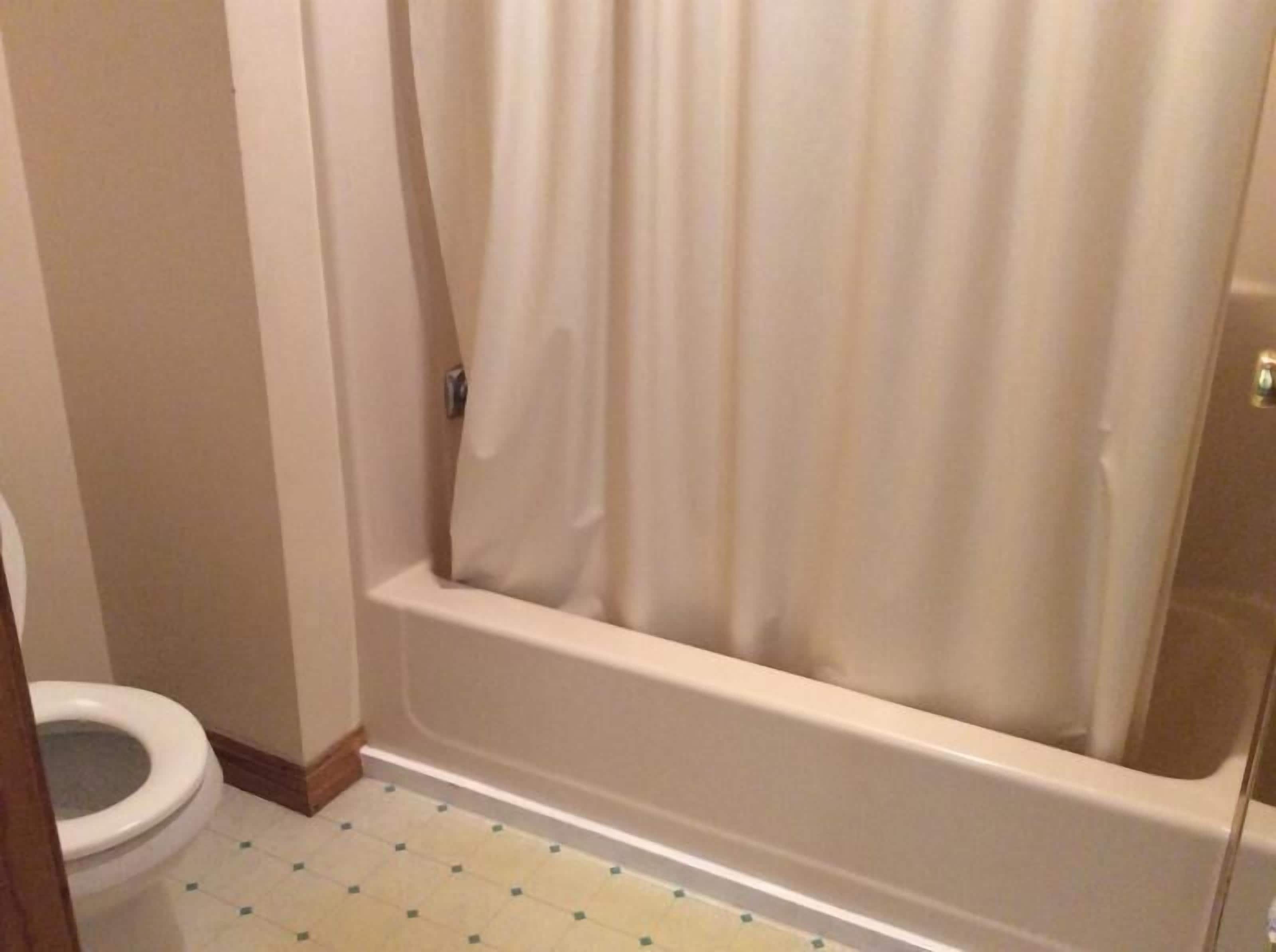 Un baño con inodoro, bañera y cortina de ducha.