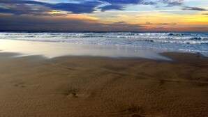 Una playa con mar tranquilo y cielo despejado.