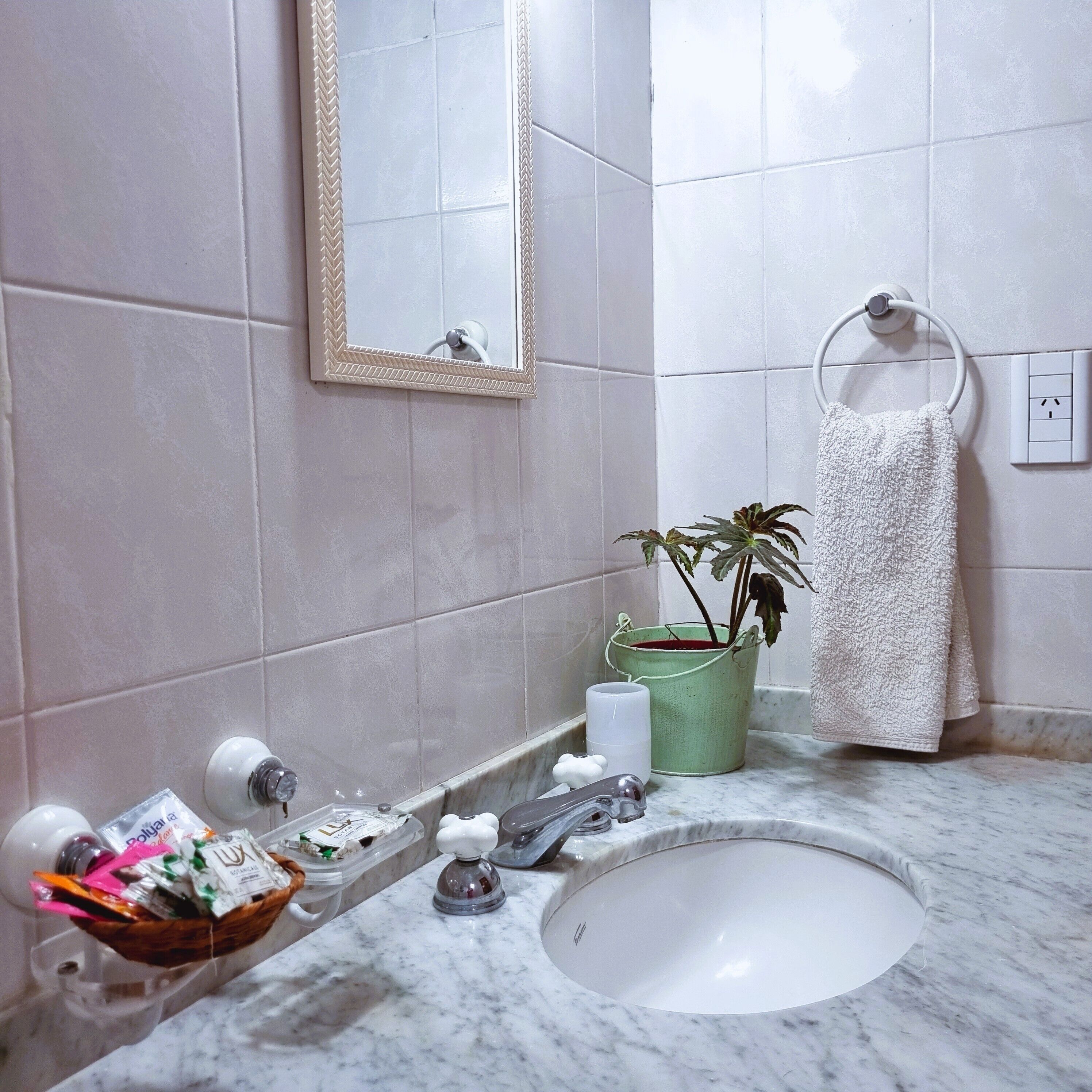 A bathroom with a marble sink, a mirror with a decorative frame, a towel rack, a green bucket with a plant, and toiletries on a shelf.