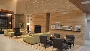 A modern living room with a fireplace, sofas, armchairs, and a coffee table.