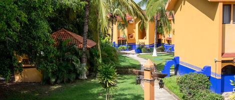 Un patio con un sendero, palmeras y una pequeña fuente.